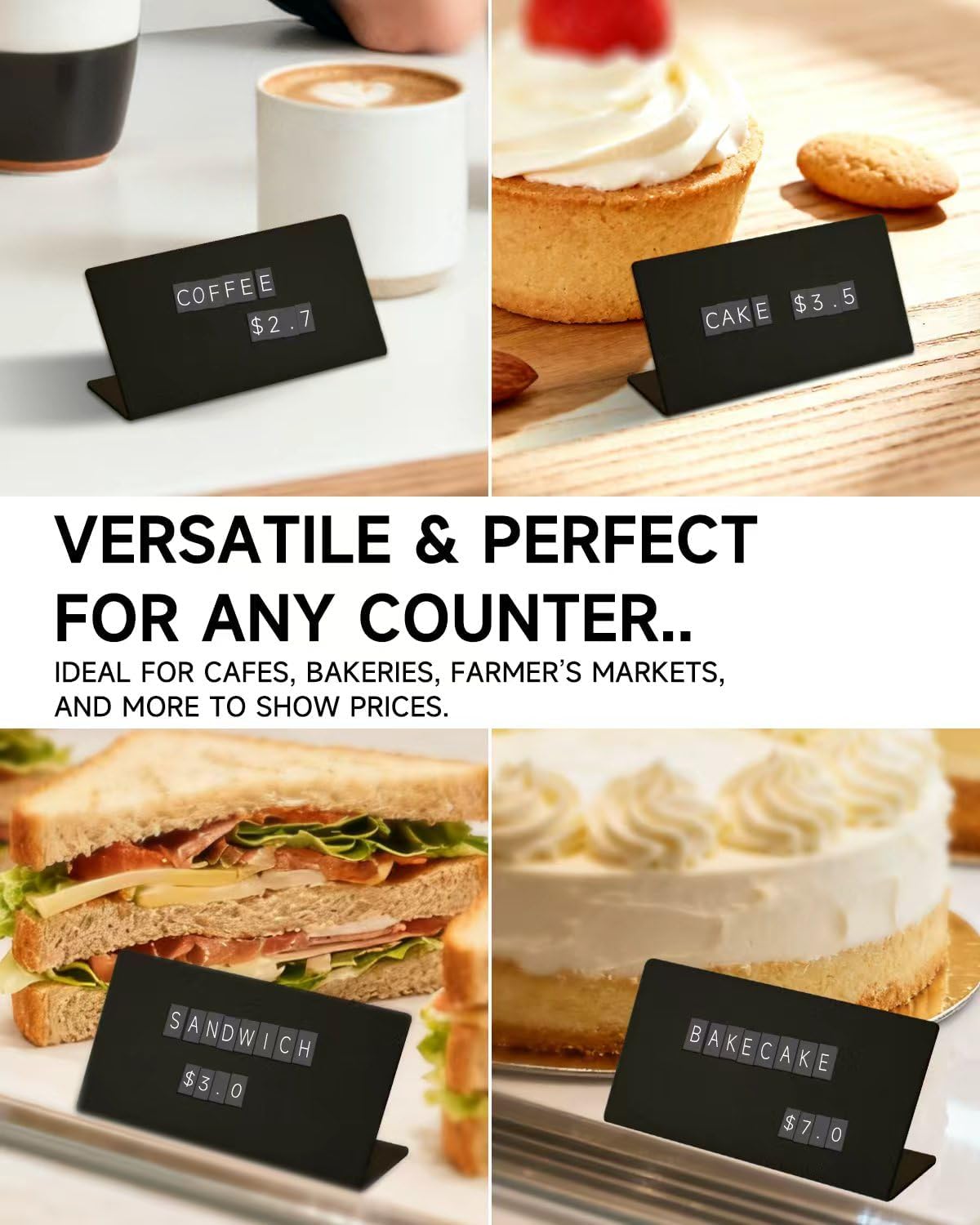 Mini Magnetic Letter Display Signs, Chalkboard-Style Reusable Food Price Labels, Durable Metal Kit with 6 Boards, 450 Magnetic Characters for Bakery, Café, Dessert Shop, Deli & Catering Use Black Board 12 Board + 4 Letter Sheet