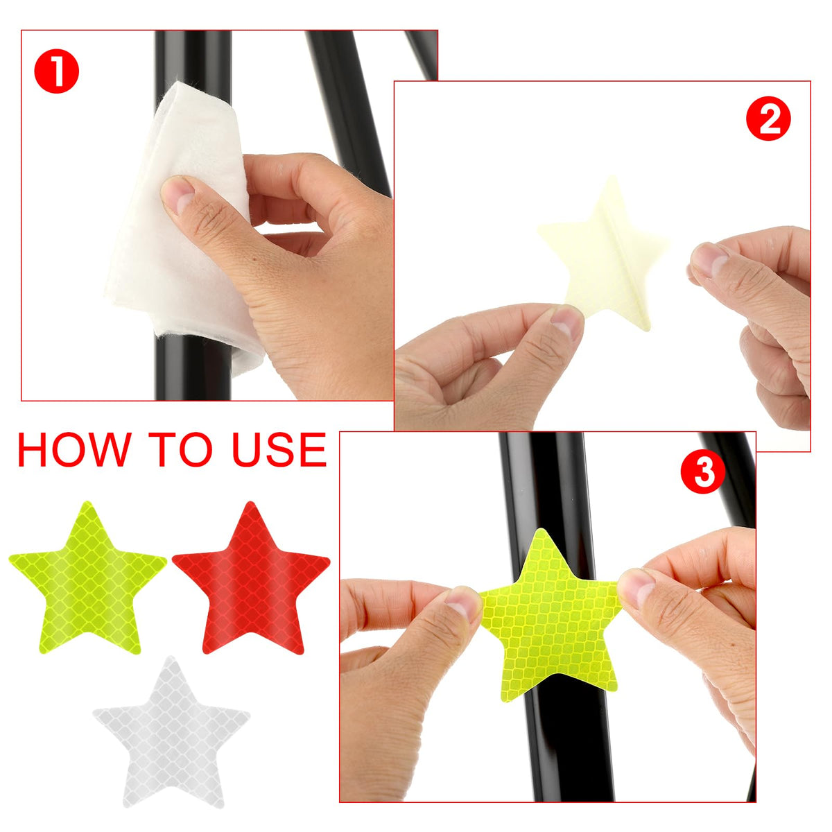 Abeillo 30Pcs Warning Reflective Stickers - 3 Colors Safety Reflective Sticker Waterproof Reflector Sticker Reflective Tape Sticker for Vehicle, Bicycles, Motorcycles, Clothing(Star) Star