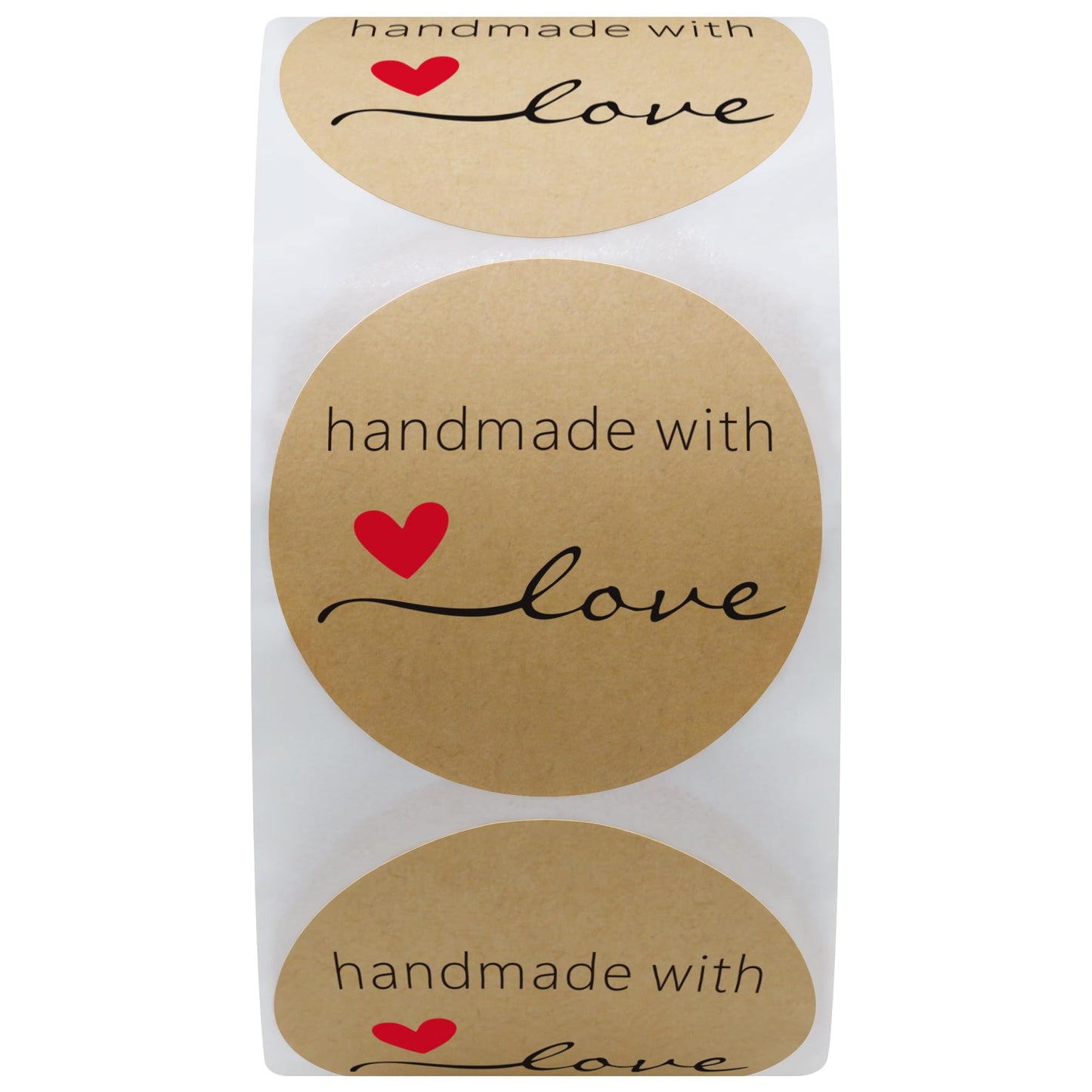 Hybsk Kraft Handmade with Love Stickers 1.5" Inch Round Total 500 Adhesive Labels Per Roll (Kraft)