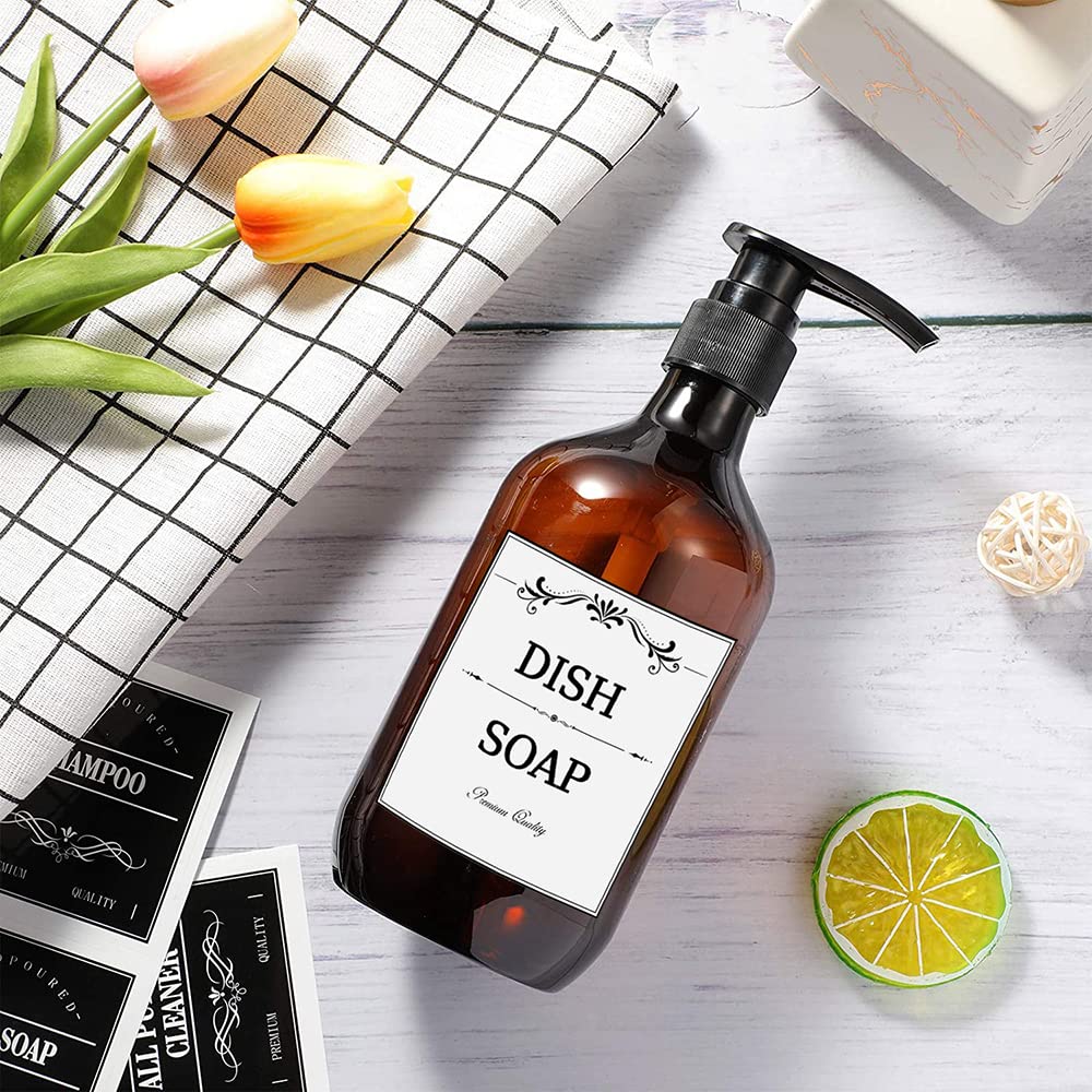 Printed Bathroom Labels Set 24PCS Waterproof Refillable Bottles Stickers for Dish Soap Body Wash Conditioner Shampoo Display White-Style B