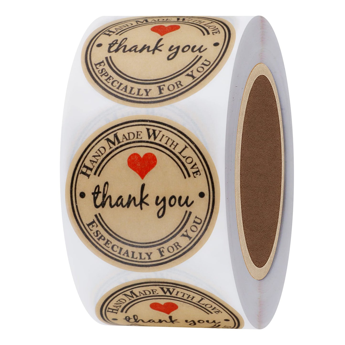 HYBSK Kraft Thank You Hand Made with Love with Red Heart Stickers 1.5" Inch Round Total 500 Adhesive Labels Per Roll (Kraft)