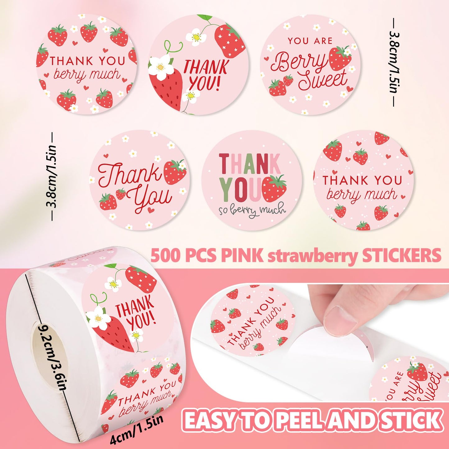 500Pcs Strawberry Thank You Stickers Pink Fruit Decorative Decal Roll 6 Designs Self-Adhesive Sealing Labels for Summer Birthday Baby Shower Party Supplies