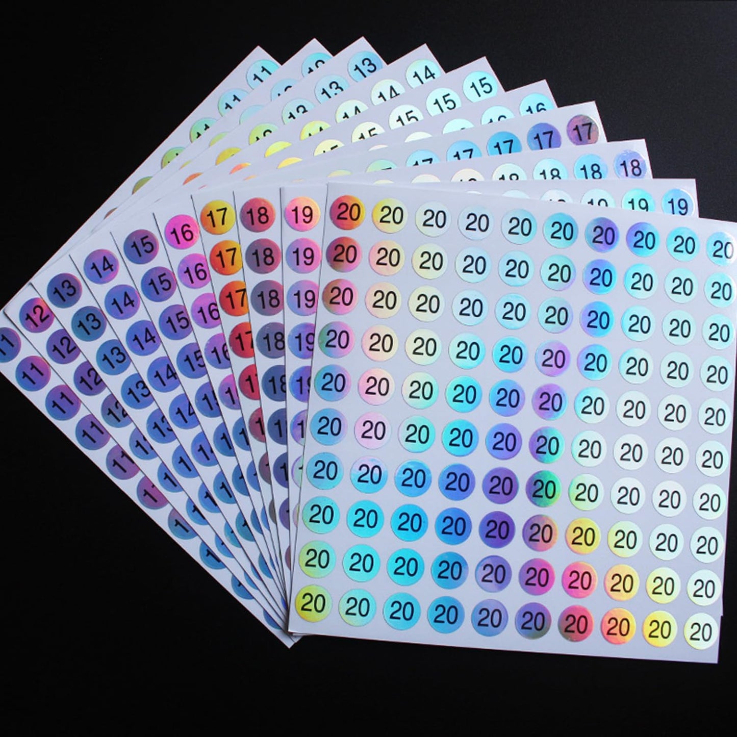 RIVEENY 20 Sheets Number 1-20 Waterproof Reflective Laser Number Stickers,Round Self Adhesive Stickers,Self-Adhesive Consecutively Numbered Labels for Storage/Organizing