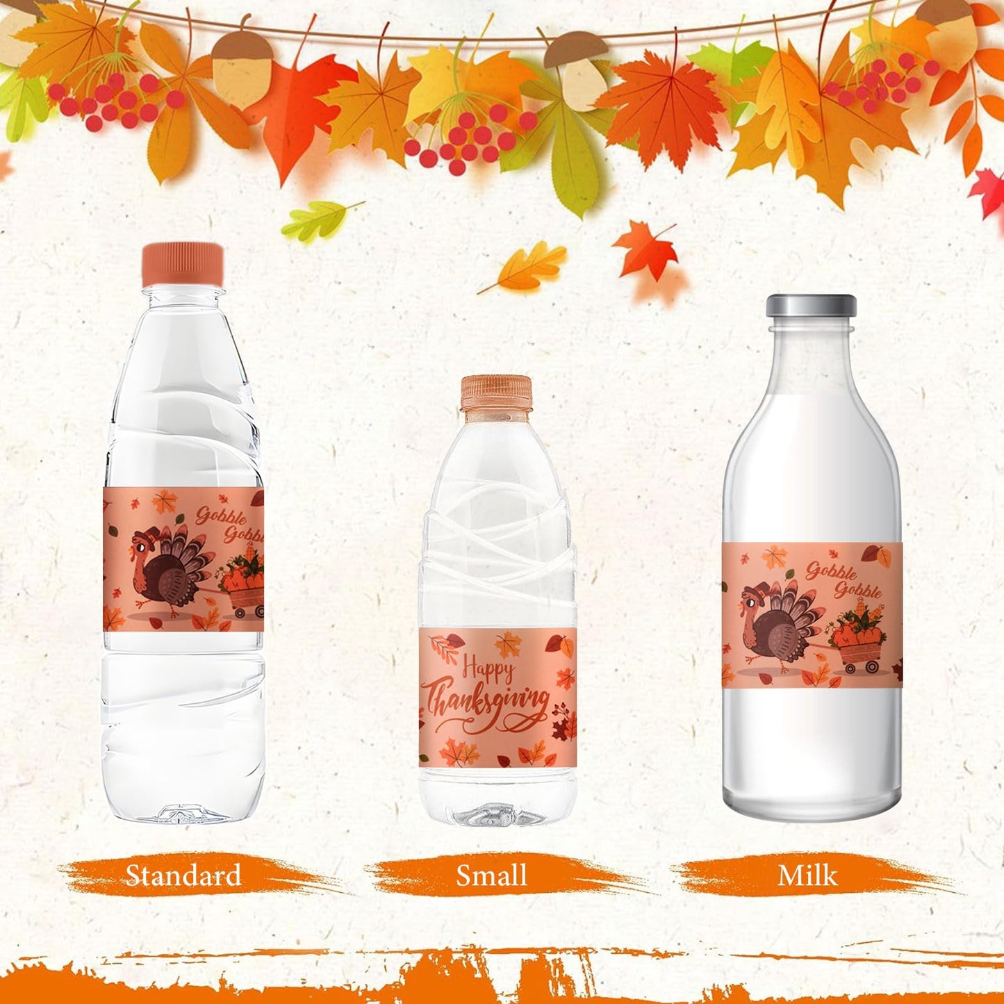 48 Pcs Thanksgiving Water Bottle Labels Turkey Day Themed Stickers Drinks Wrappers for Thanksgiving Party Favors Decor Supplies Orange