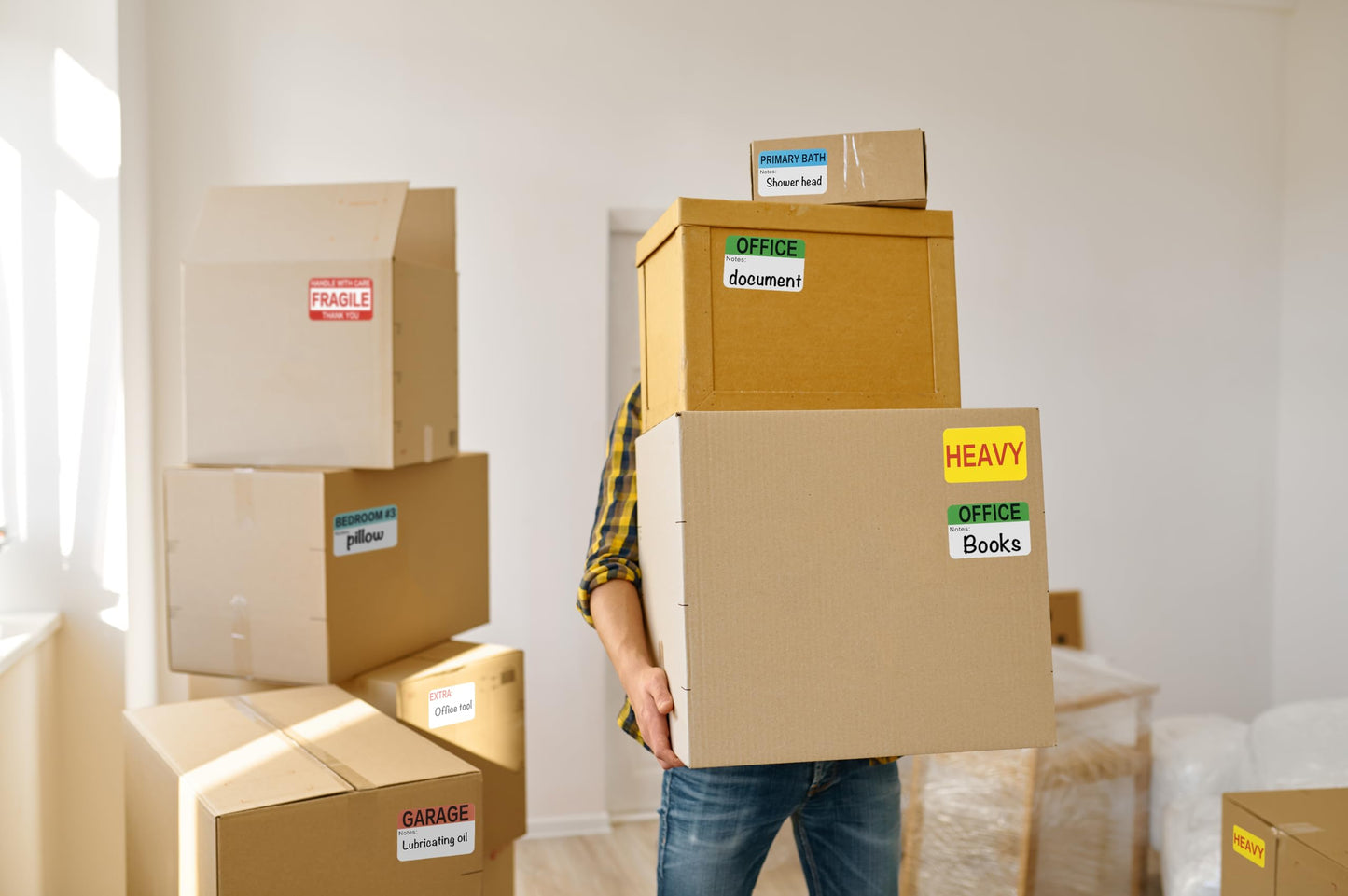 600 Mixed Color-Coded Writable Moving Labels (2" x 3") with 20 Designs, Fragile Stickers, Heavy & Blank Labels