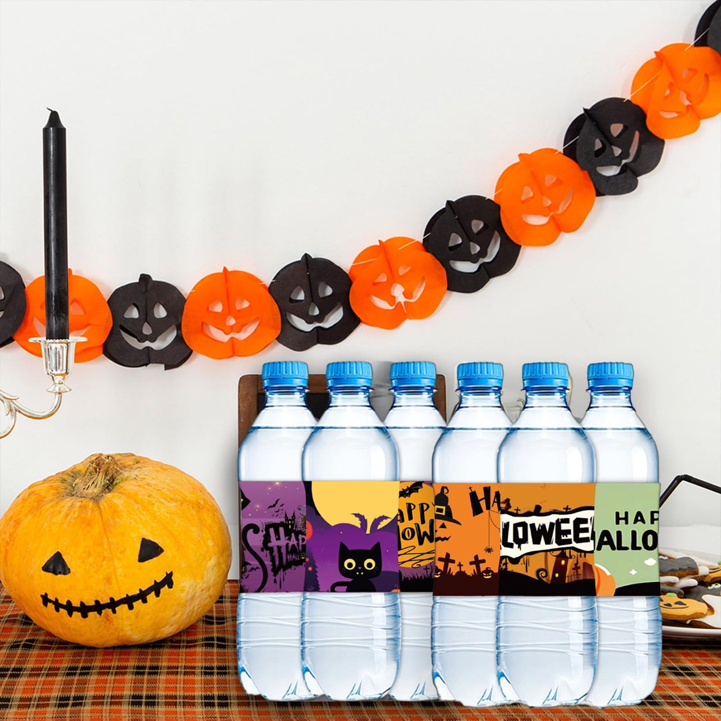 24 PCS Happy Halloween Water Bottle Labels Halloween Bottle Stickers Trick or Treat Stickers, Pumpkin Bat Web Pattern Bottle Labels Stickers for Halloween Party Supplies