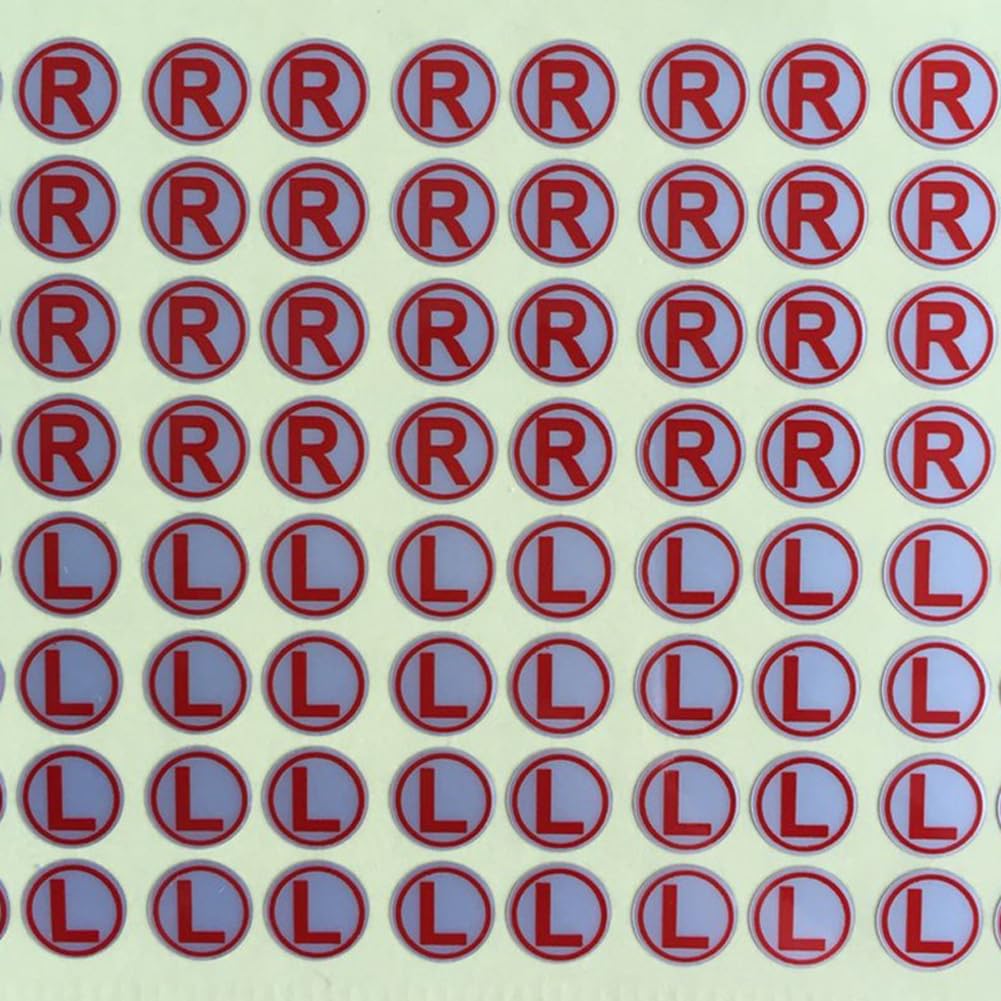 Lasenersm 5 Sheets 8mm L & R Stickers, Silver Background Red Word, PVC Material, Waterproof, Multi-Use, Earphone, Indoor, Red, Letter Print, Round, Polished, Single Use, Typographic