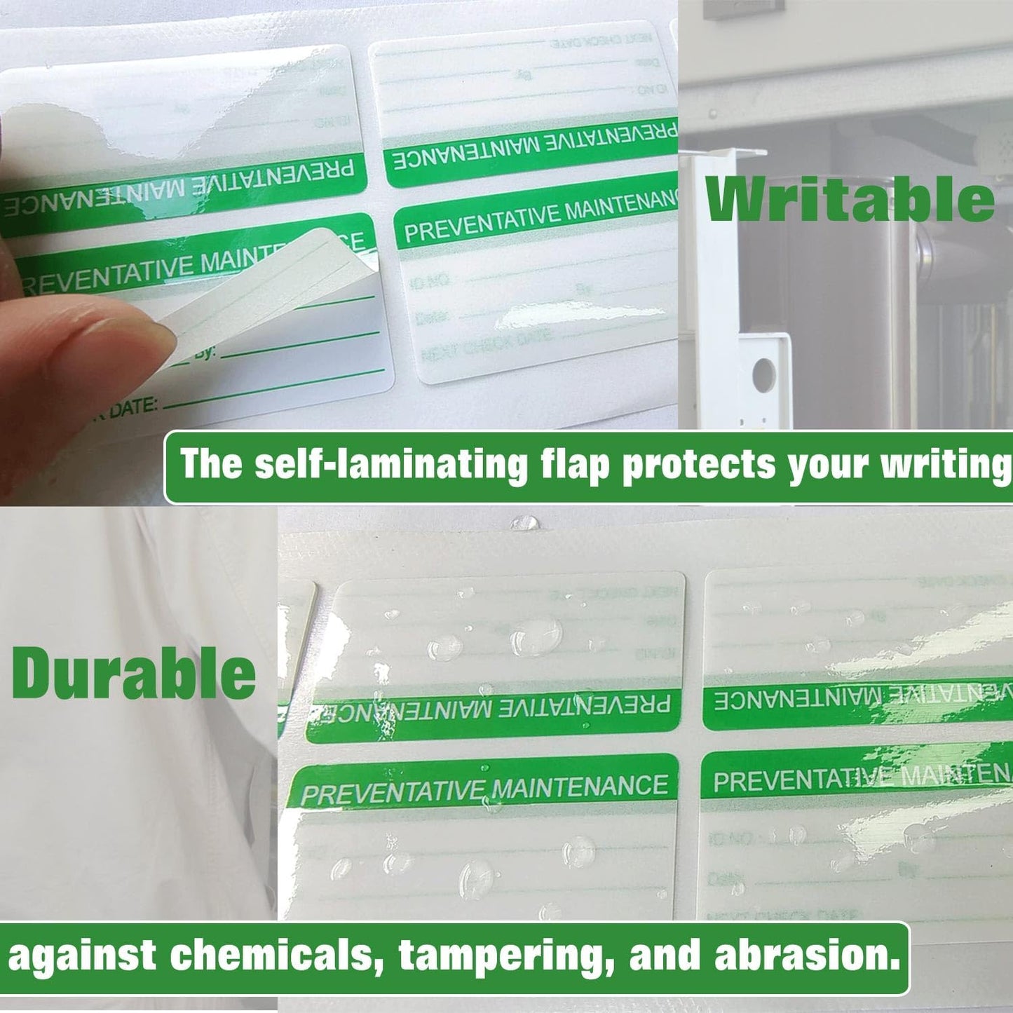 Self-Laminating Preventative Maintenance Stickers 1 x 2 Inch Waterproof Inspection Safety Label by/Date/Next Labels with Clear Flap 180 Pcs Green