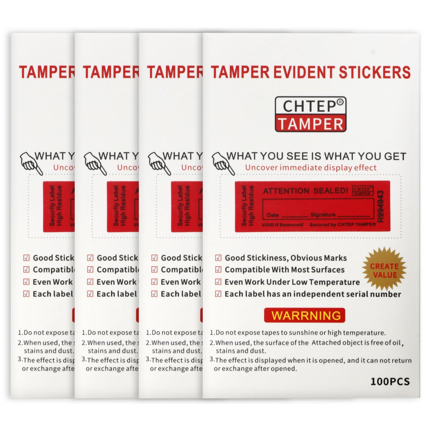 ChtepTamper 100 Pieces Total Transfer Tamper-Evident Stickers Security Labels Great for Goods Shipping,Exchange of Agency Files, Privacy Protection or More(Serial Number 0.8 * 2.4inches Red) 0.8 * 2.4inch