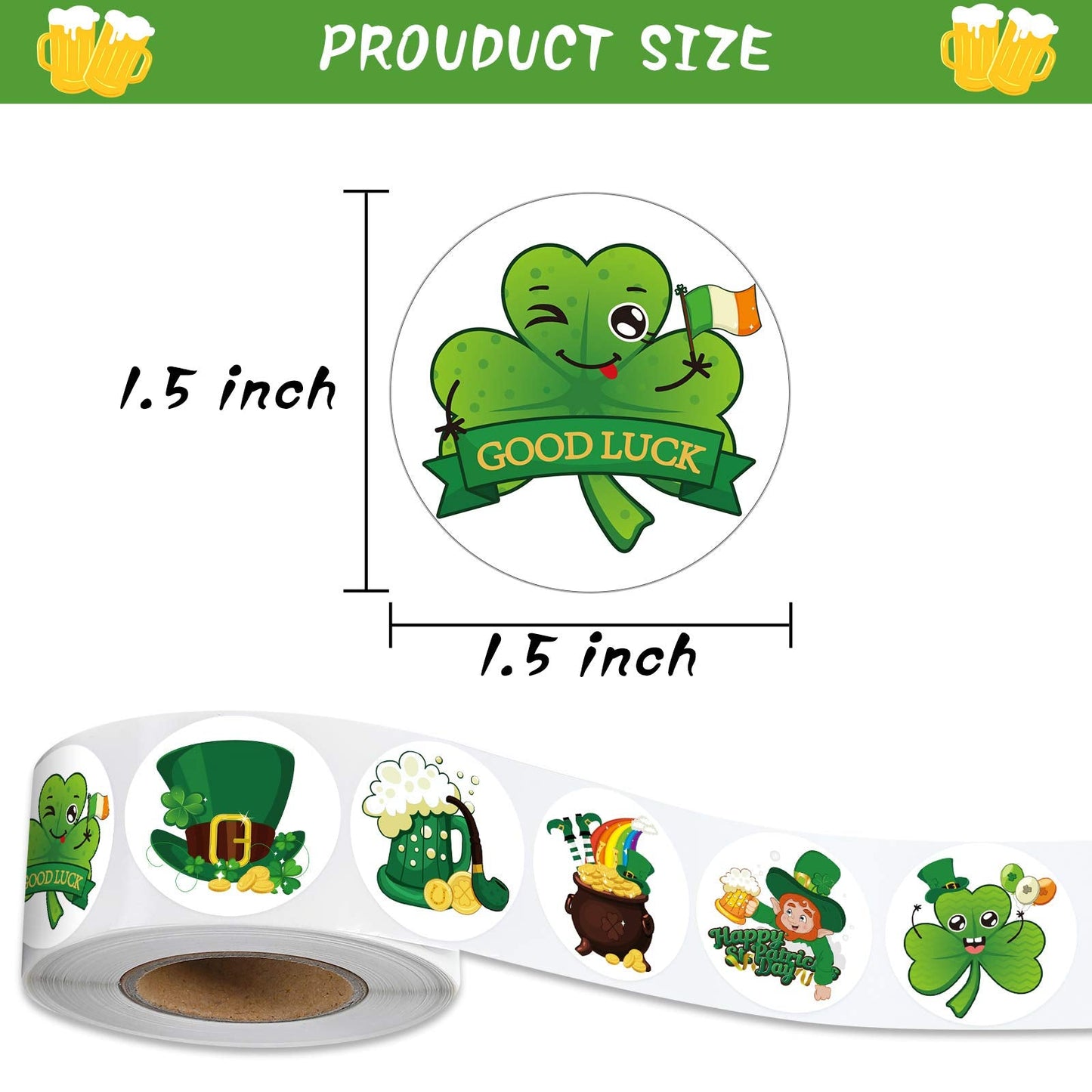 Zonon 600 Pieces St. Patrick Day Stickers Roll Cute Shamrock Leprechaun Beer Gold Coins Labels Teacher Reward Stickers Lucky Irish Decals Seals for Classroom Preschool, 1.5 inches