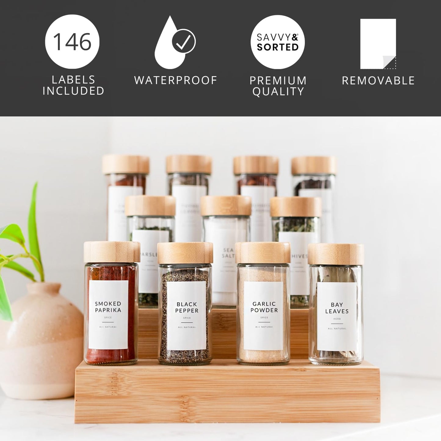 Minimalist Spice Labels for Spice Jars - 146 Spice Jar Labels Stickers for Containers - Spice Stickers Preprinted - Spice Organising Herb Seasoning Kitchen Pantry White Rectangle Spice Labels