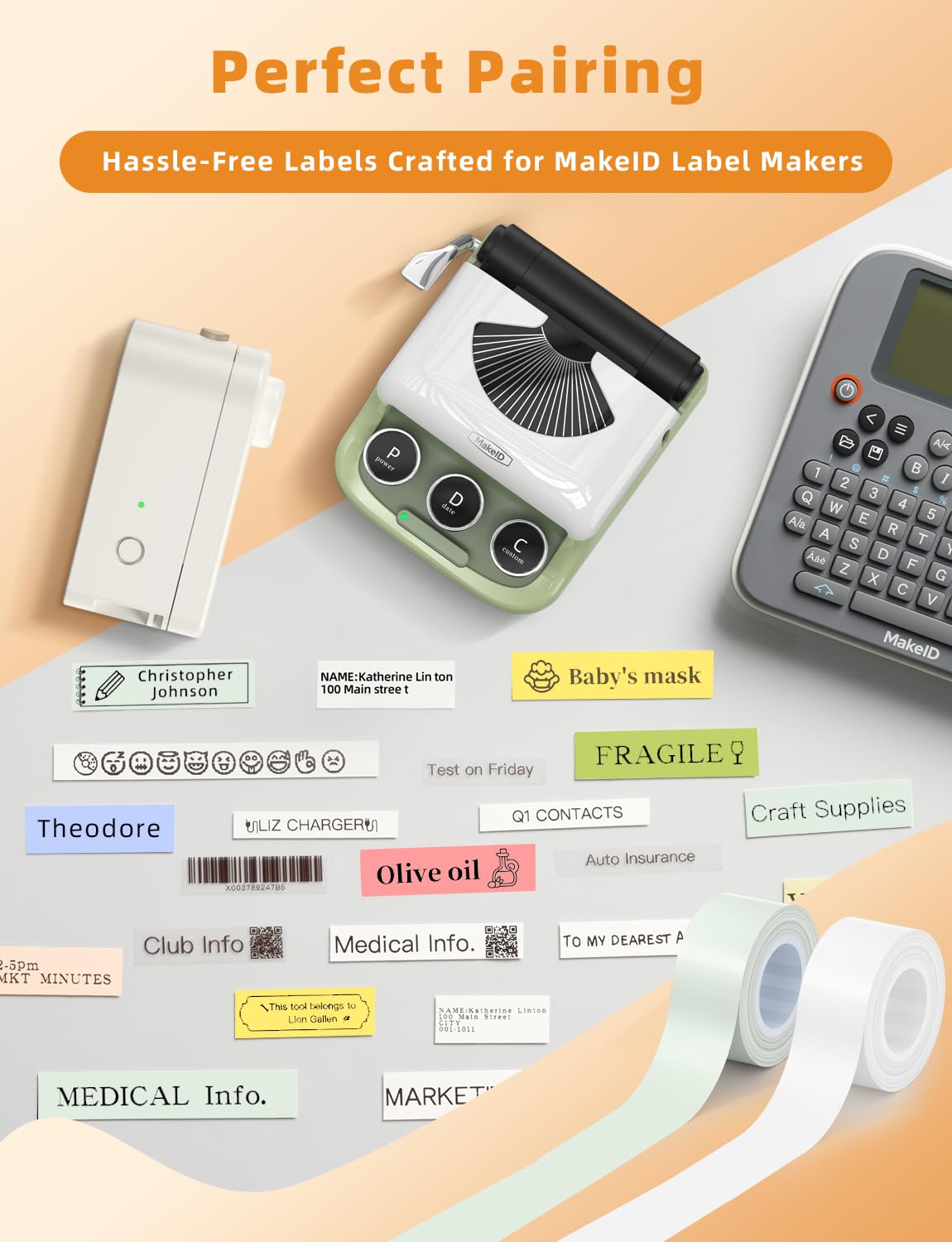 MakeID L1 E1 Q1 Label Maker Tape Refills, 3-Roll 16mm x 4m (0.63" x 13') Continuous Consumables Thermal Laminated Office Labeling Tape Replacement 3 White