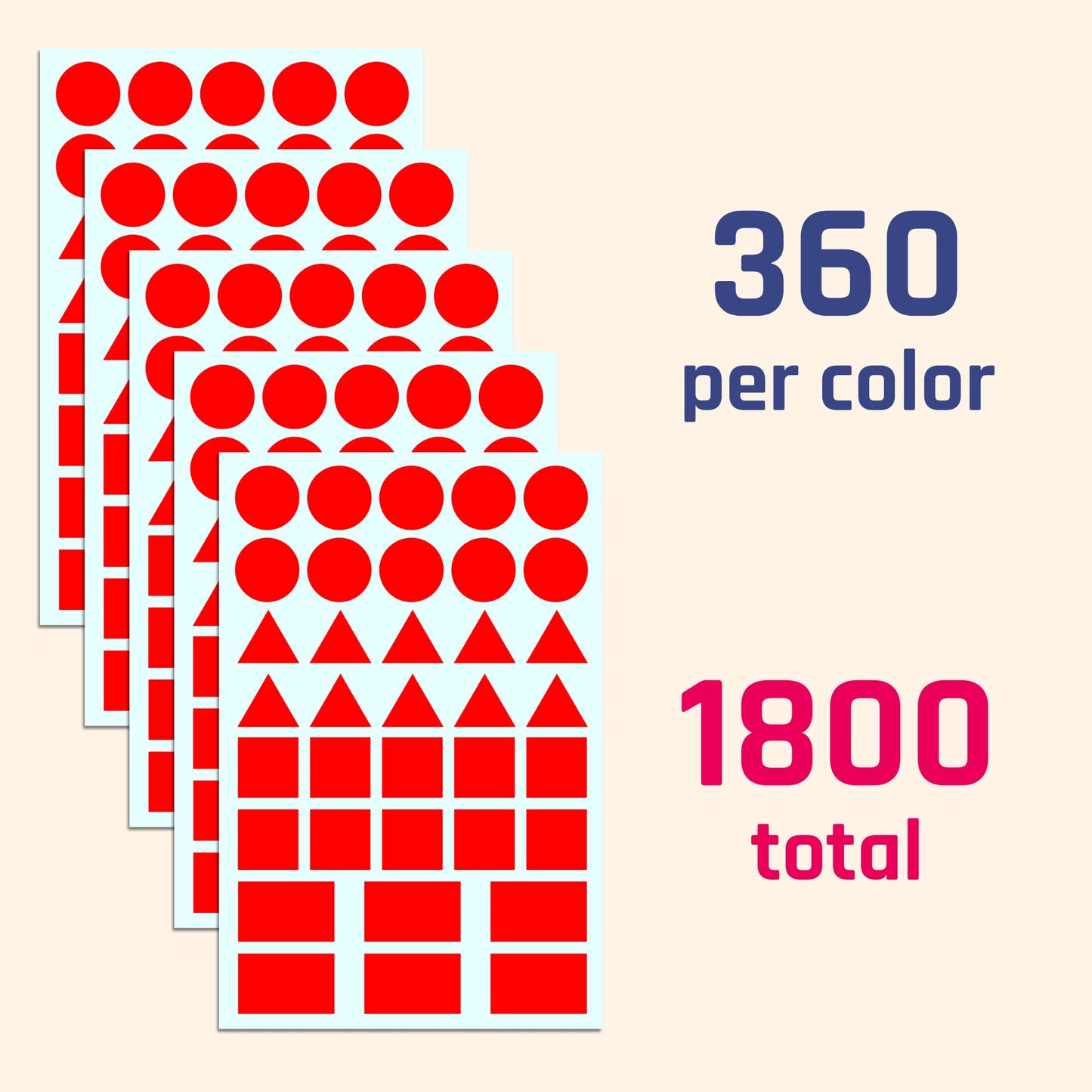 1800 Pack - Colored Shape Stickers Labels, 3/4" - 4 Shapes, 5 Colors