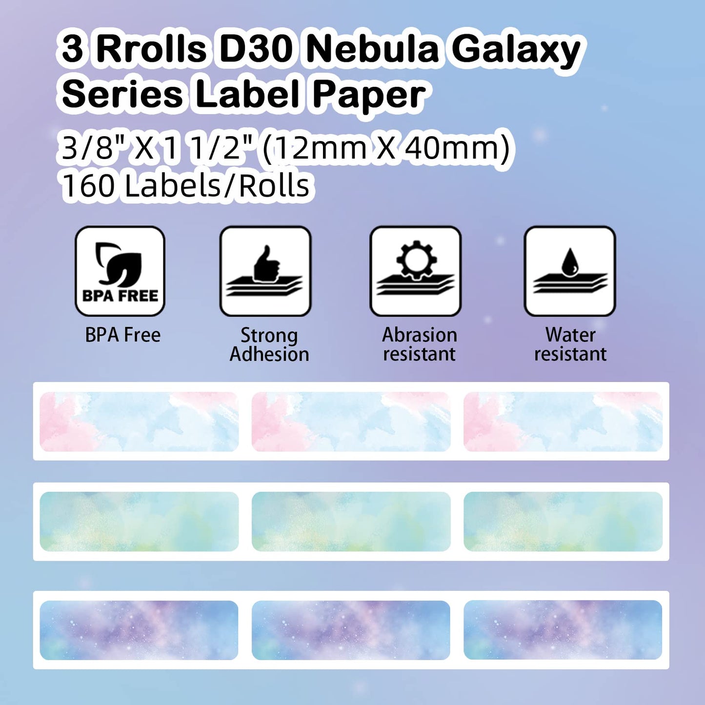 Phomemo D30 Labels - Nebula/Galaxy Series Adhesive Thermal Labels, 12mm x 40mm, 3 Rolls (160 Each),Phomemo D30 Maker Tape for Gift Wrapping, New Year and Various 12x40 mm Blue/Green