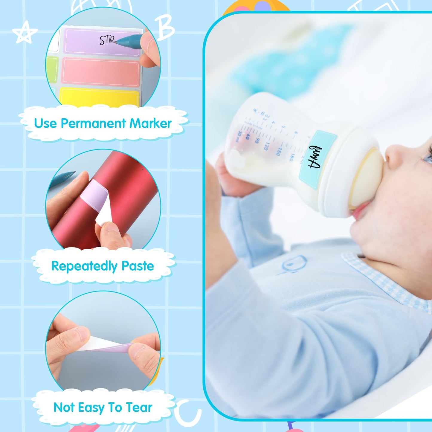 Waterproof Labels Stickers, Mabor 560 PCS Daycare Bottles Colored Removable Adhesive Name Label Stickers for Baby Kids School Supplies, Water Bottles,Home Storage Bottles