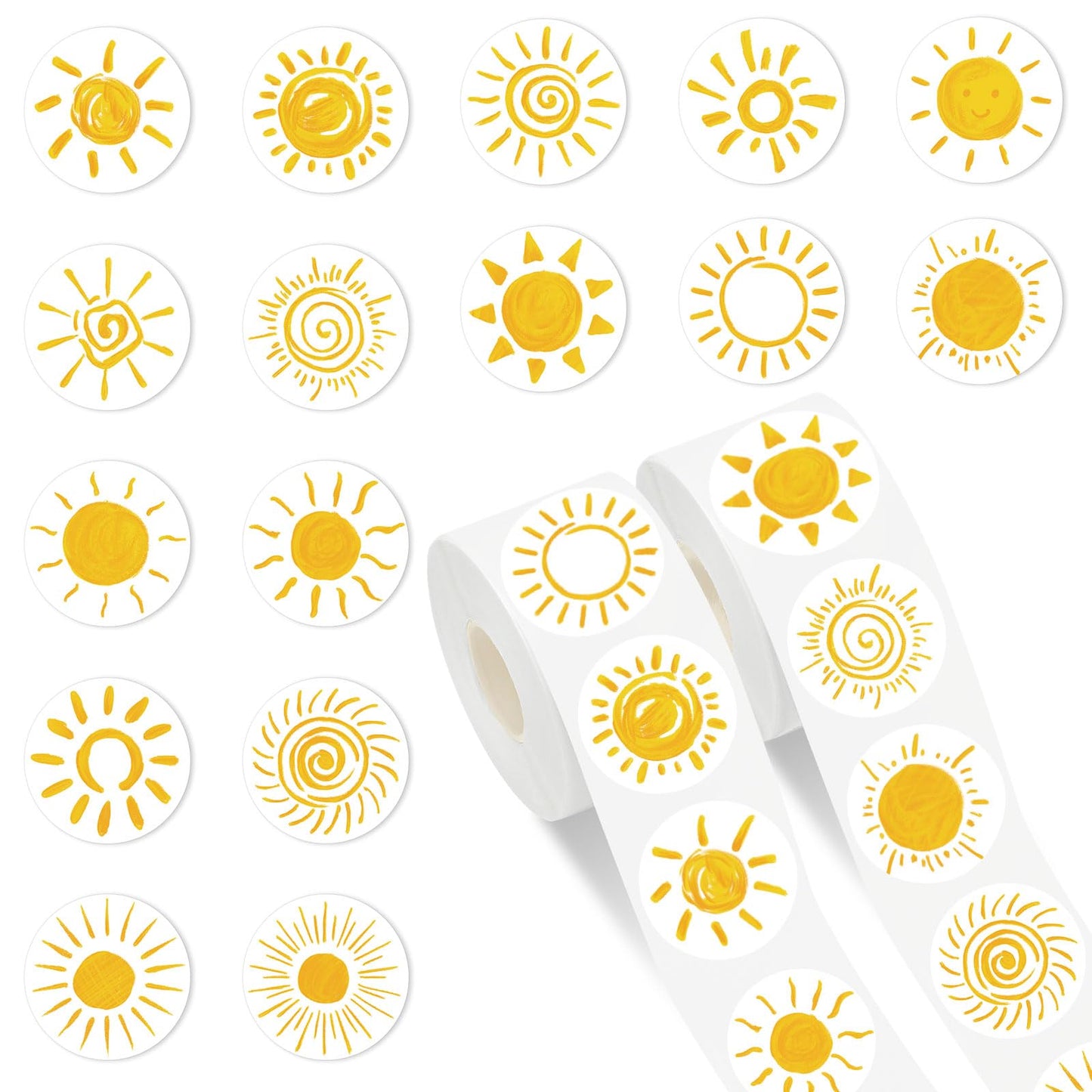 1000Pcs Boho Sun Stickers 16 Designs Sunshine Decal Adhesive Sealing Labels for Birthday Baby Shower Grocery Baking Bag Party Favor Supplies, 2 Roll