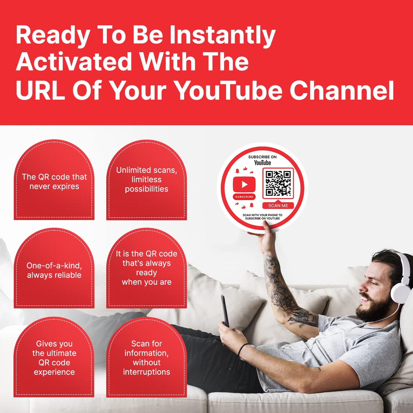 SCAN ME | YouTube QR Code Stickers | Ready to Be Activated Instantly with Your YouTube URL for Viewers to Subscribe | Pack of (3)