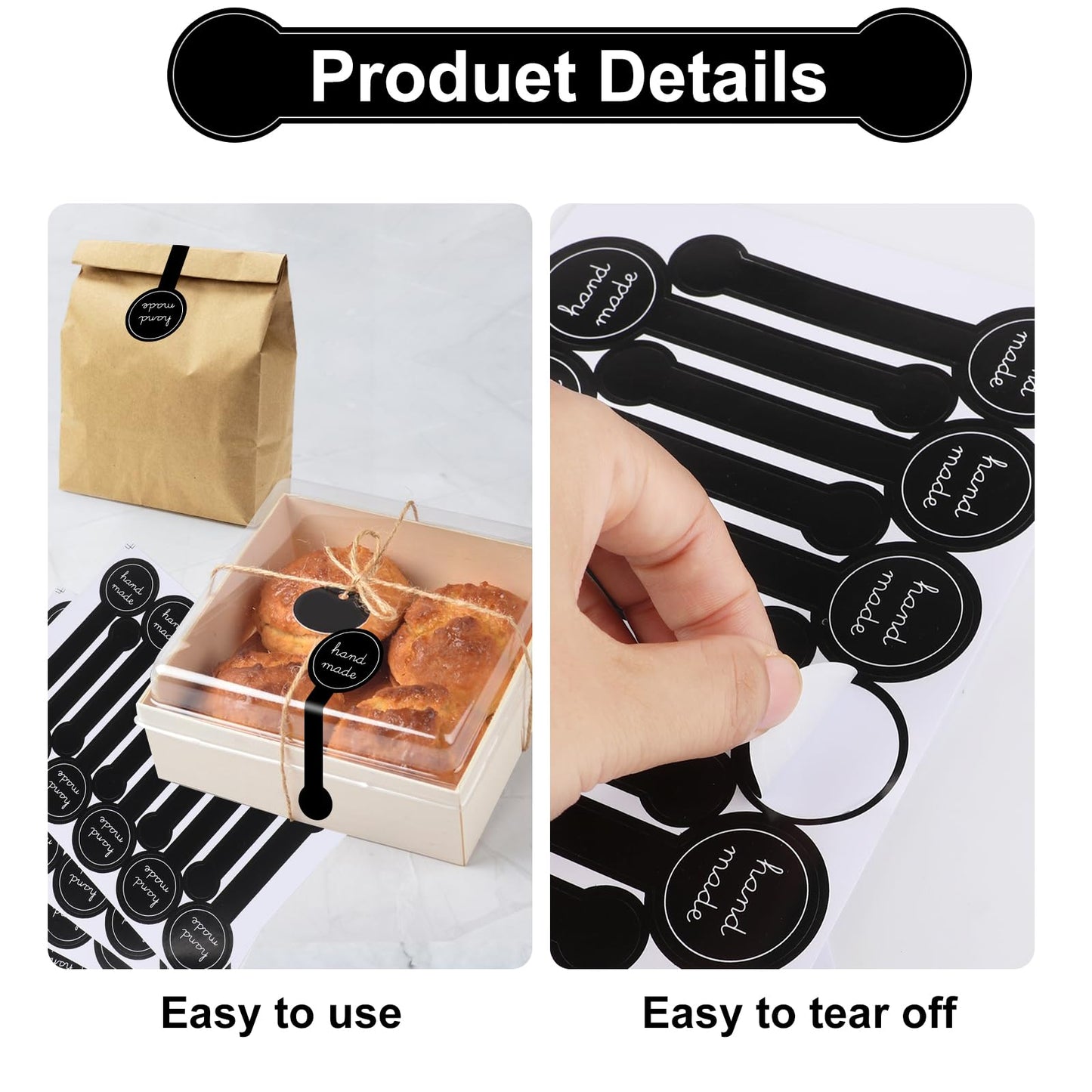 600Pcs Handmade Food Baking Seal Stickers Labels,Black Long Label Bakery Stickers,Self-Adhesive Goods Bakery Stickers Sealing Tamper-Proof Stickers for Pastry Bags Lollipops Candy Cake Black