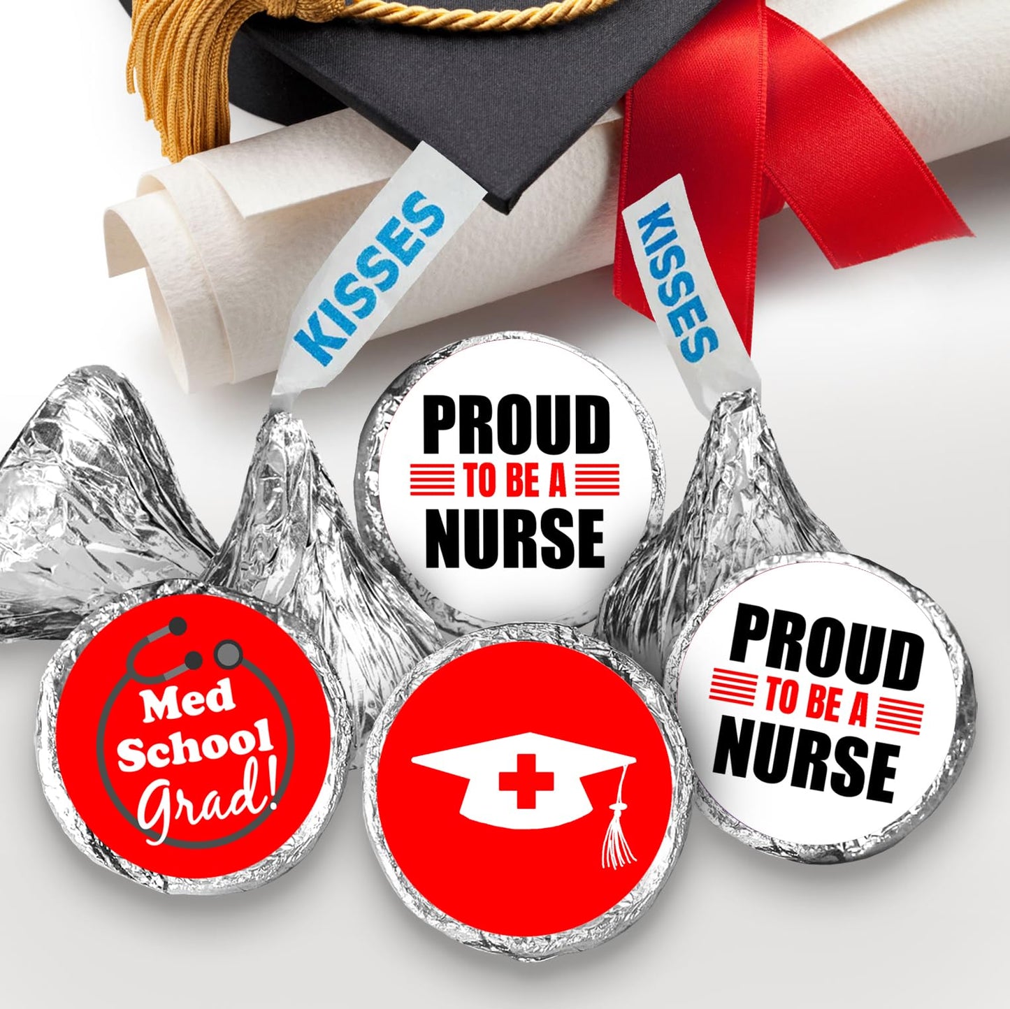 216 Nurse Graduation Party Kisses Stickers Labels, RN LPN LVN NP Nursing Medical School Grad Party Decorations. Candy NOT Included. Made in USA
