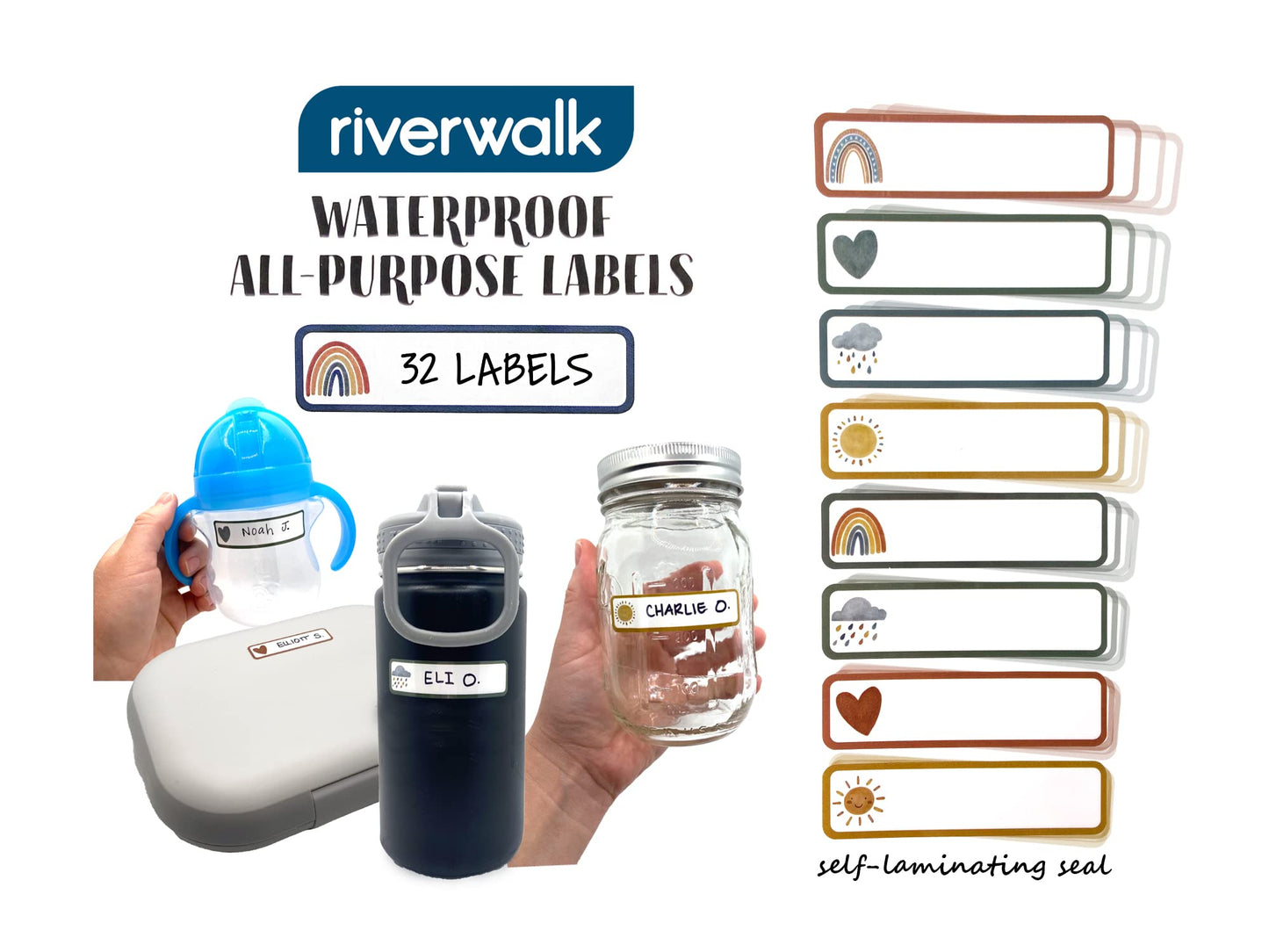 Riverwalk Original Boho Rainbow Design - Baby Bottle Labels for Daycare, Preschool, School Supplies - Waterproof Write-on Name Labels for Kids - Daycare Labels - All Purpose Labels - Pack of 32