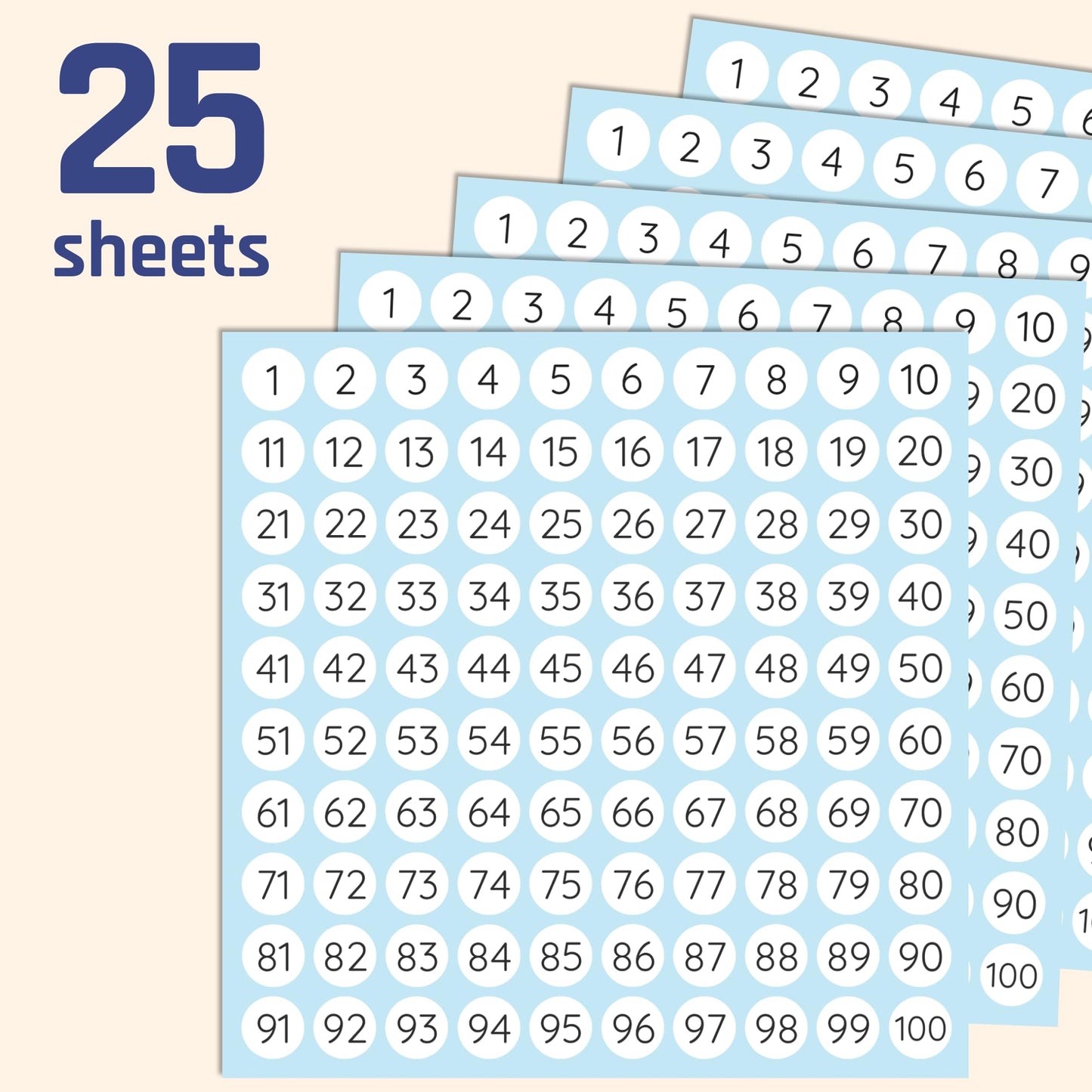 25 Sheets, 1 to 100, Number Stickers Labels - 0.4" Round, Pack of 2500 25 Sets