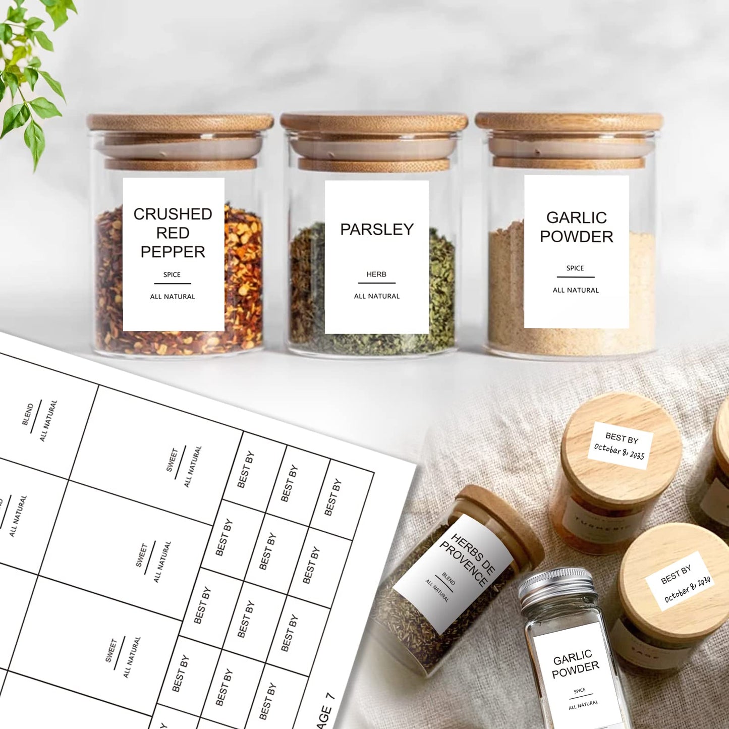 191 Spice Jar Labels Preprinted Minimalist Stickers - White Waterproof Label - Fit Round or Rectangle Spice Jars - Herb Seasoning Kitchen Pantry Labels 191 Spice Labels(no Jars)