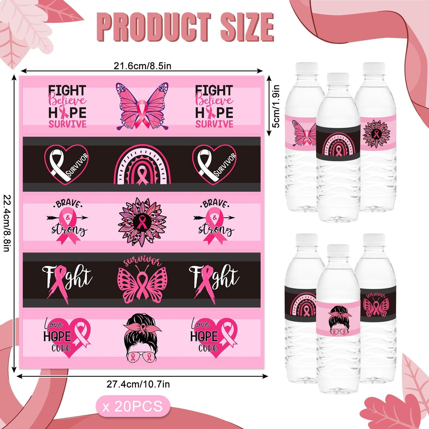 100Pcs Breast Cancer Awareness Water Bottle Labels Pink Ribbon Butterfly 5 Designs Waterproof Bottle Sticker Decals for Breast Cancer Party Decoration, 20 Sheets