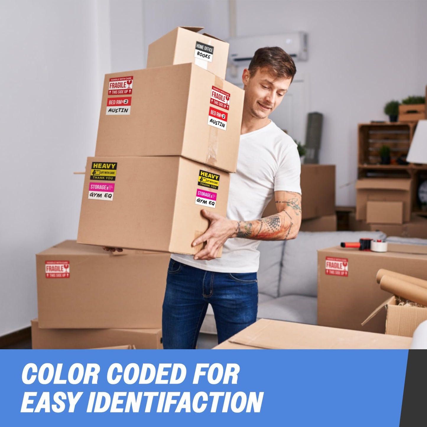 Moving Labels (3 x 2 inch, 1000 per Pack) Ideal for 3-5 Bedroom Homes - 12x Designs of Color-Coded Moving Stickers w/Write-in Area, Fragile, Heavy & Blank Labels 1000 Labels (For 3 - 5 Bedroom)