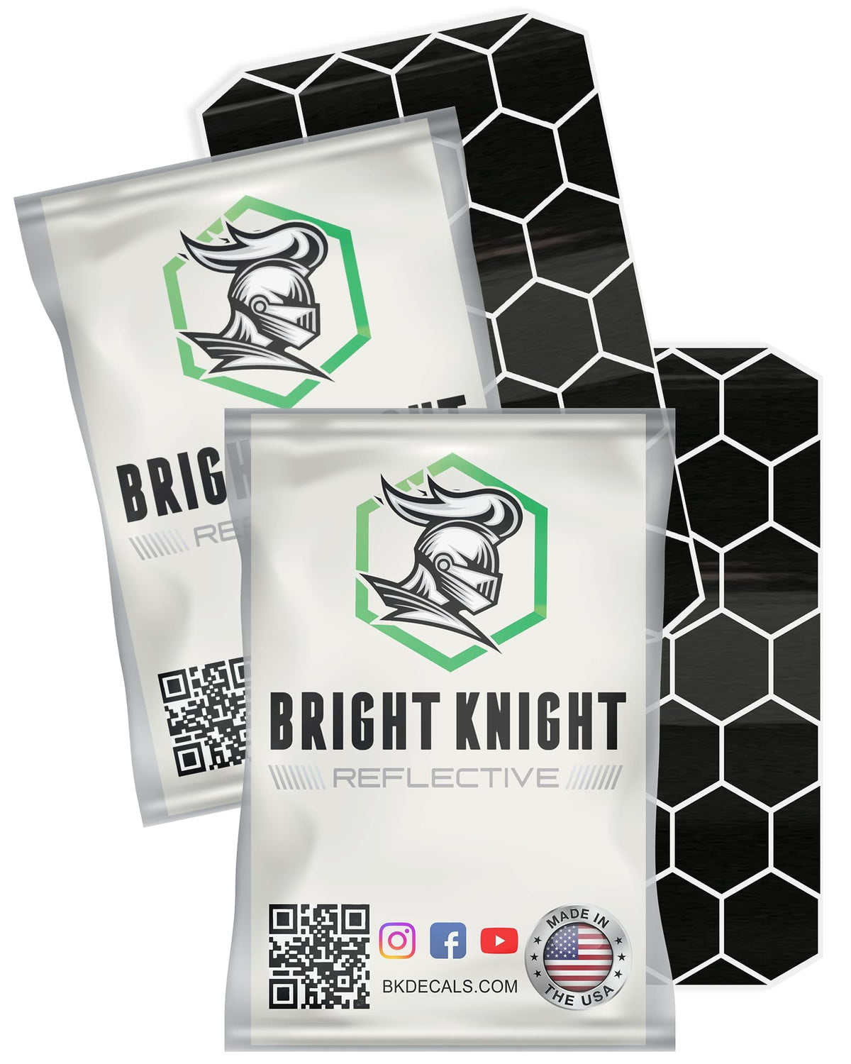 BRIGHT KNIGHT DECALS Hexagon Reflective Stickers for Helmet - Black, Pack of 2, Motorcycle Helmet Stickers, 3M Waterproof Reflective Vinyl Tape for Hard Hats, Cars & Bike Decals for Night Visibility 2 pk
