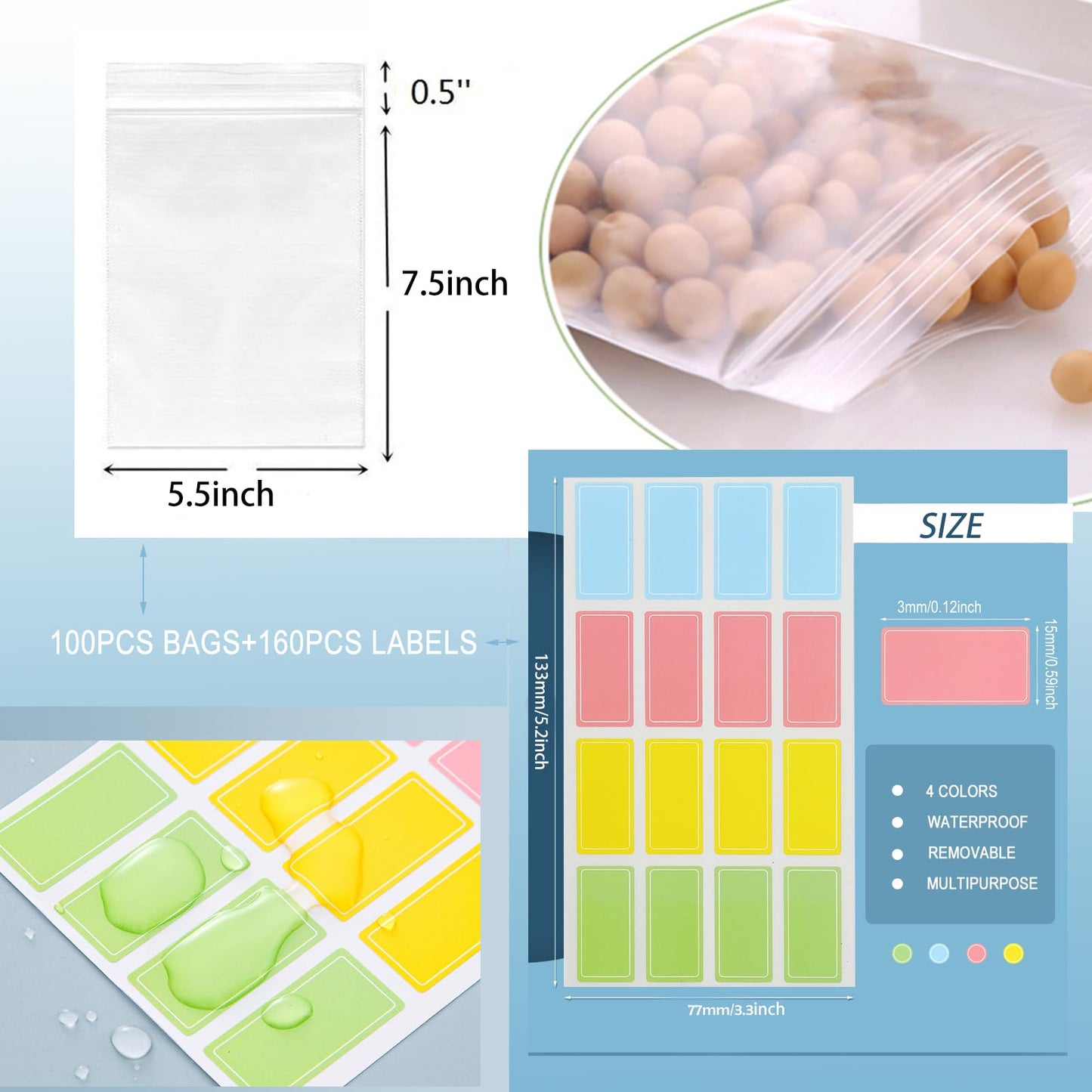 100pcs 5.5"X 8" Small Zip Lock Bags,Mini Ziplock Bags With 160pcs Colored Removable Labels Easy Peel Off Color-Coding Sticker Labels To Write On Waterproof Labels