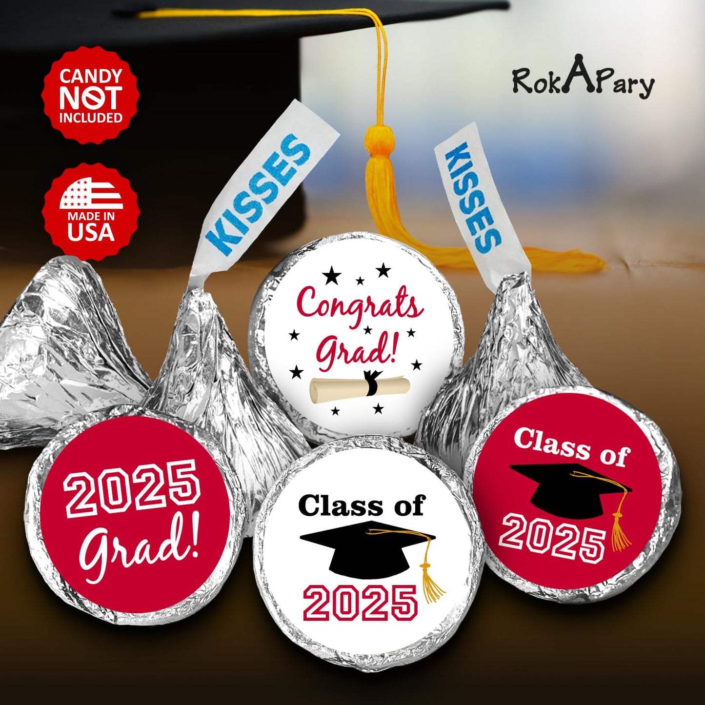 216 New Graduation Party Cap Class of 2025 Favor Kisses Stickers Labels Stickers. Grad Party Favor Decorations. Made in USA (red)