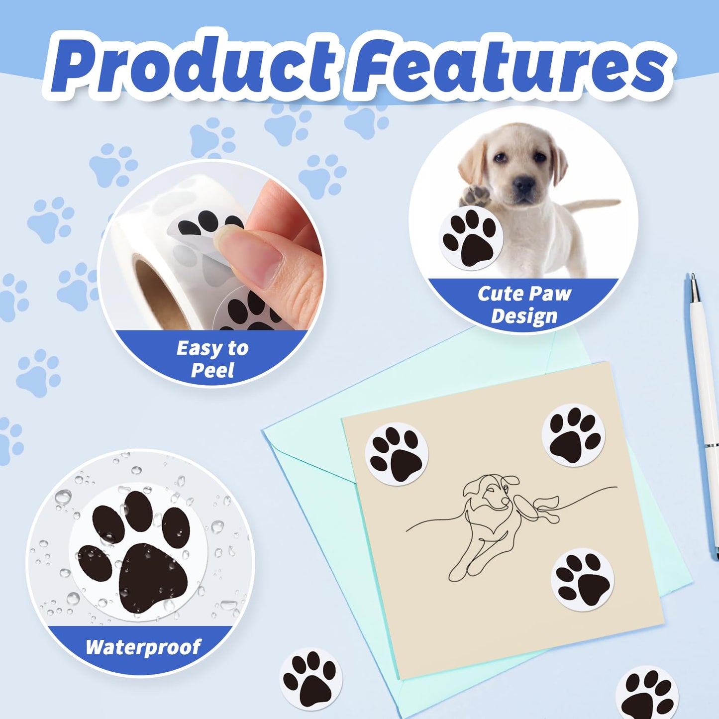 500 Pcs Paw Print Sticker, 1" Dog Cat Paw Sticker Small Puppy Patrol Print Label Roll Cute Self-Adhesive (Black) Black