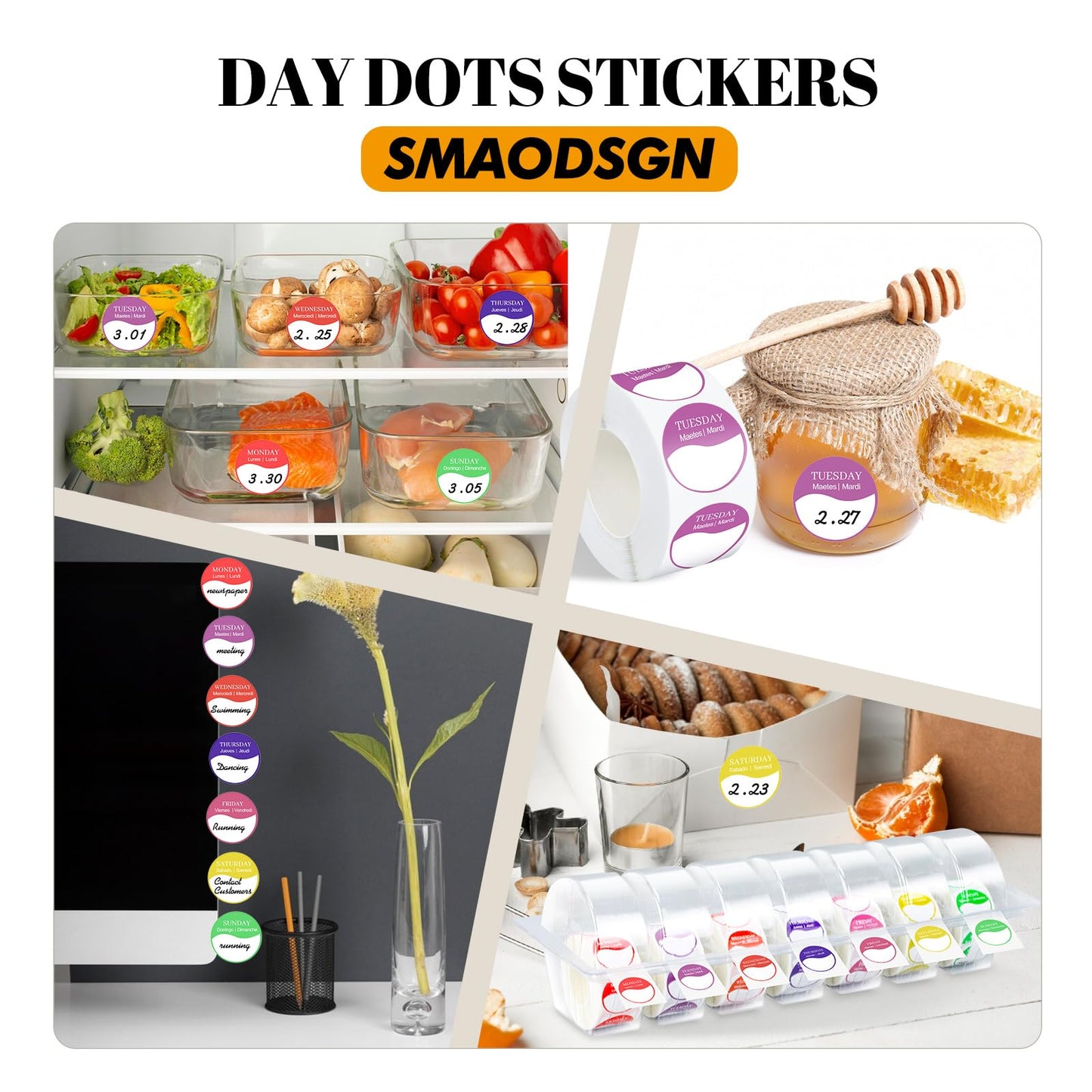 3500 Pcs Days of The Week Stickers Removable Day Label Dispenser Suit for 3/4 Inch 1 Inch Writable Stickers Storage Day Dots Food Labels Organizer for Food Container Freezer Restaurant Meal Prep