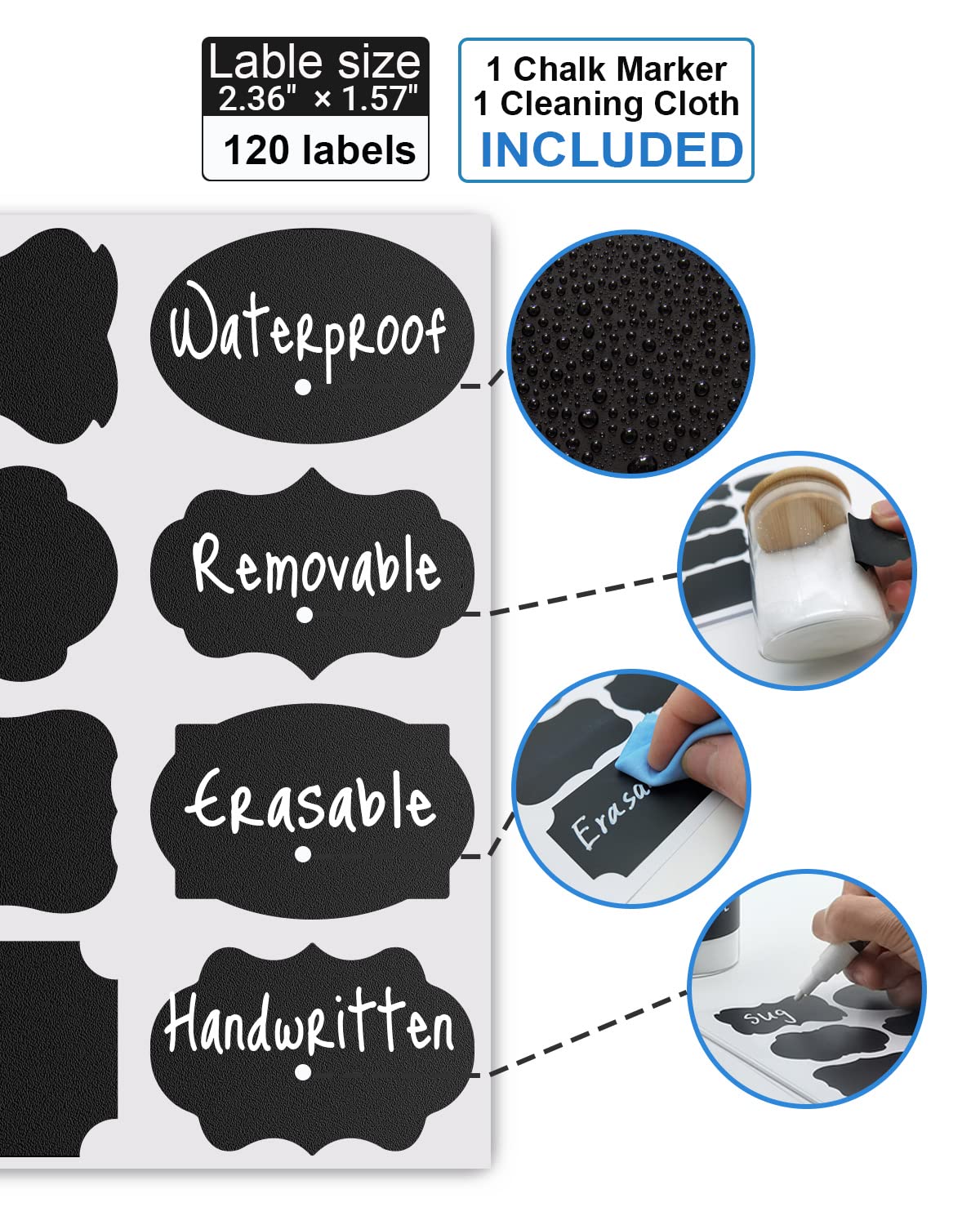 120 Chalkboard Labels Free Chalk Pen- Food or Spice Label for Bottles in Kitchen or Pantry- Multiform Black Labels for Food containers, Mason Jars, Storage Bins,Reusable Waterproof Removable Stickers Mult-shape