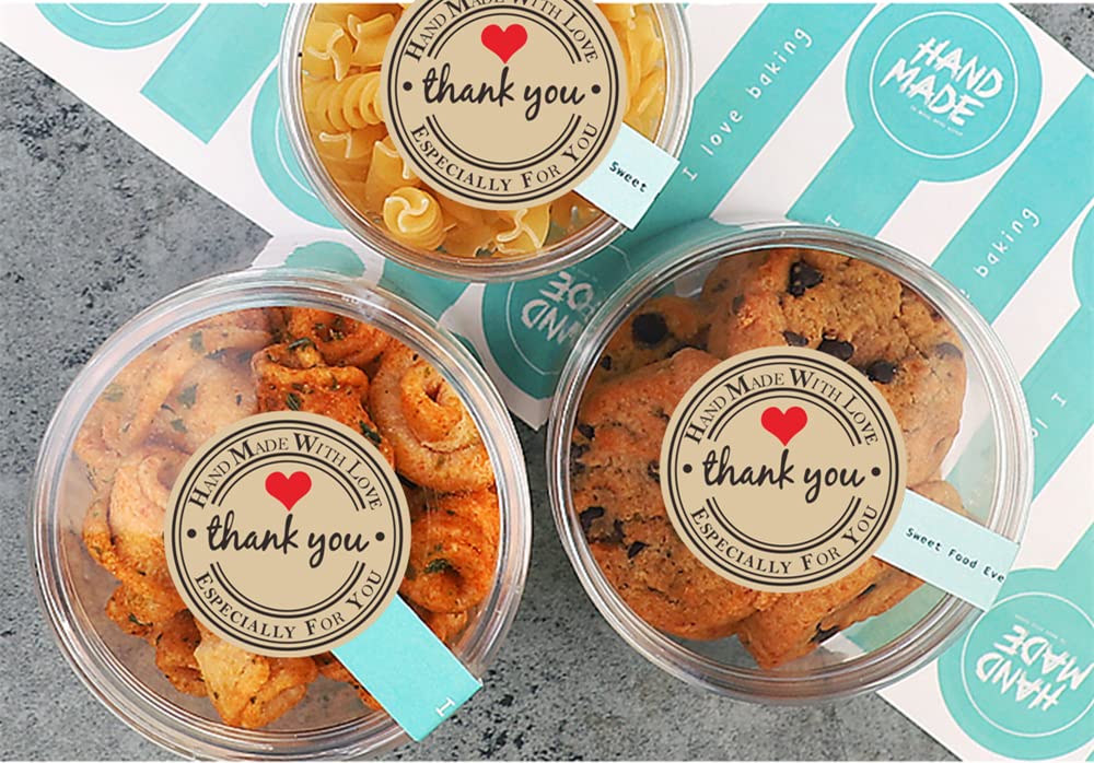 HYBSK Kraft Thank You Hand Made with Love with Red Heart Stickers 1.5" Inch Round Total 500 Adhesive Labels Per Roll (Kraft)