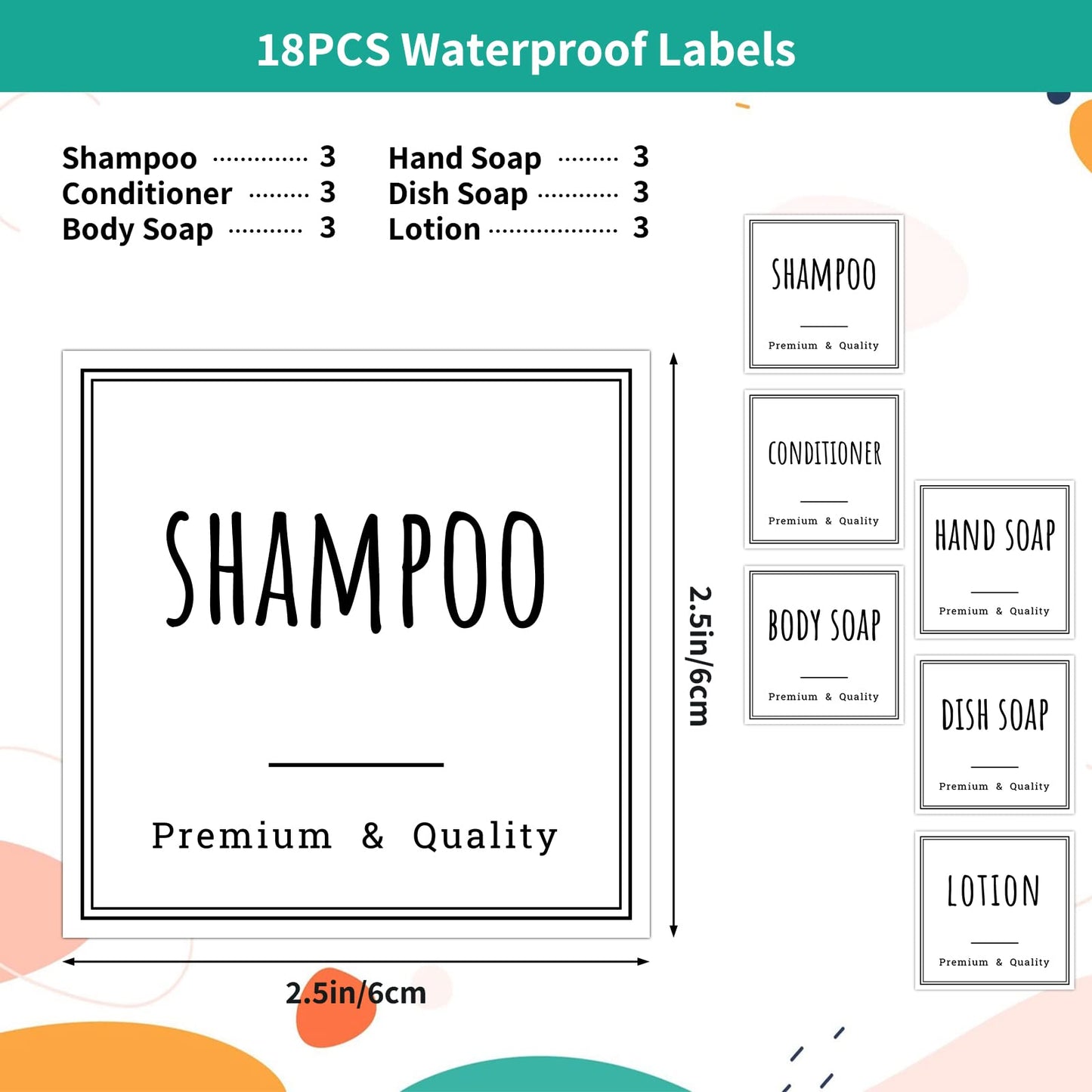 Segbeauty Bathroom Labels for Soap Dispenser, 18pcs 2.5in White Waterproof Removable Self-Adhesive Stickers, Reusable Shampoo Conditioner Hand Soap Lotion Shower Dispenser Bottles Label Stickers 18pcs-S+B+C+H+D+L