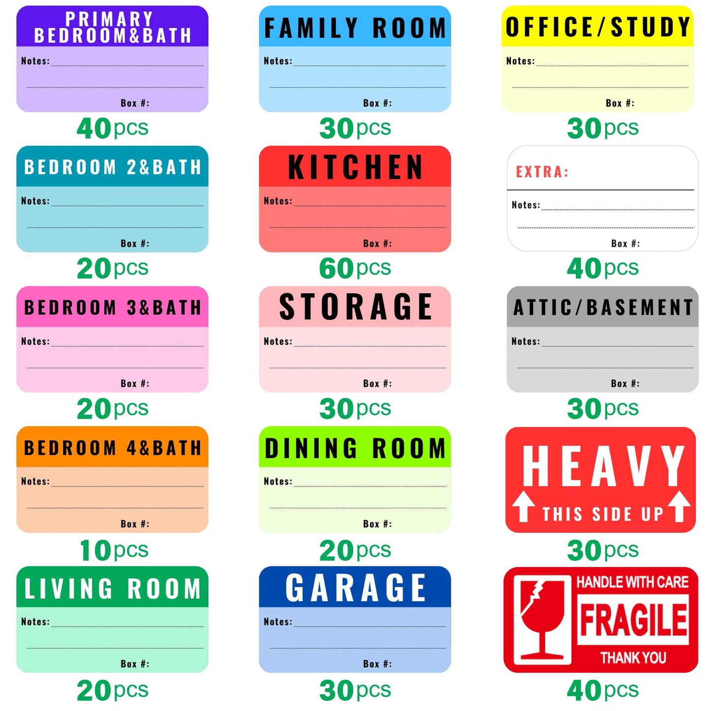 Large Color-Coded Moving Labels, 450 Stickers for Home Supplies With Removable Tape, Fragile Packing Labels for Boxes, Organizing and Packing Pack-450