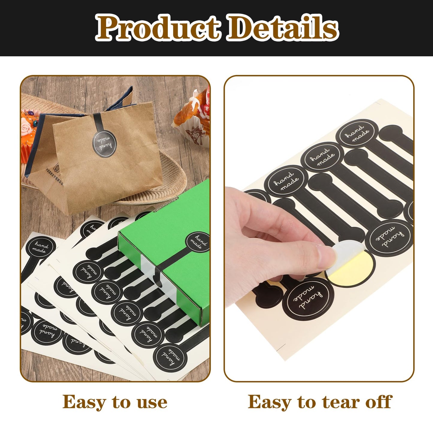 400 Pcs Handmade Bakery Stickers, Black Long Label Self-Adhesive Lollipop Sealing Food Retail Package Seal Labels