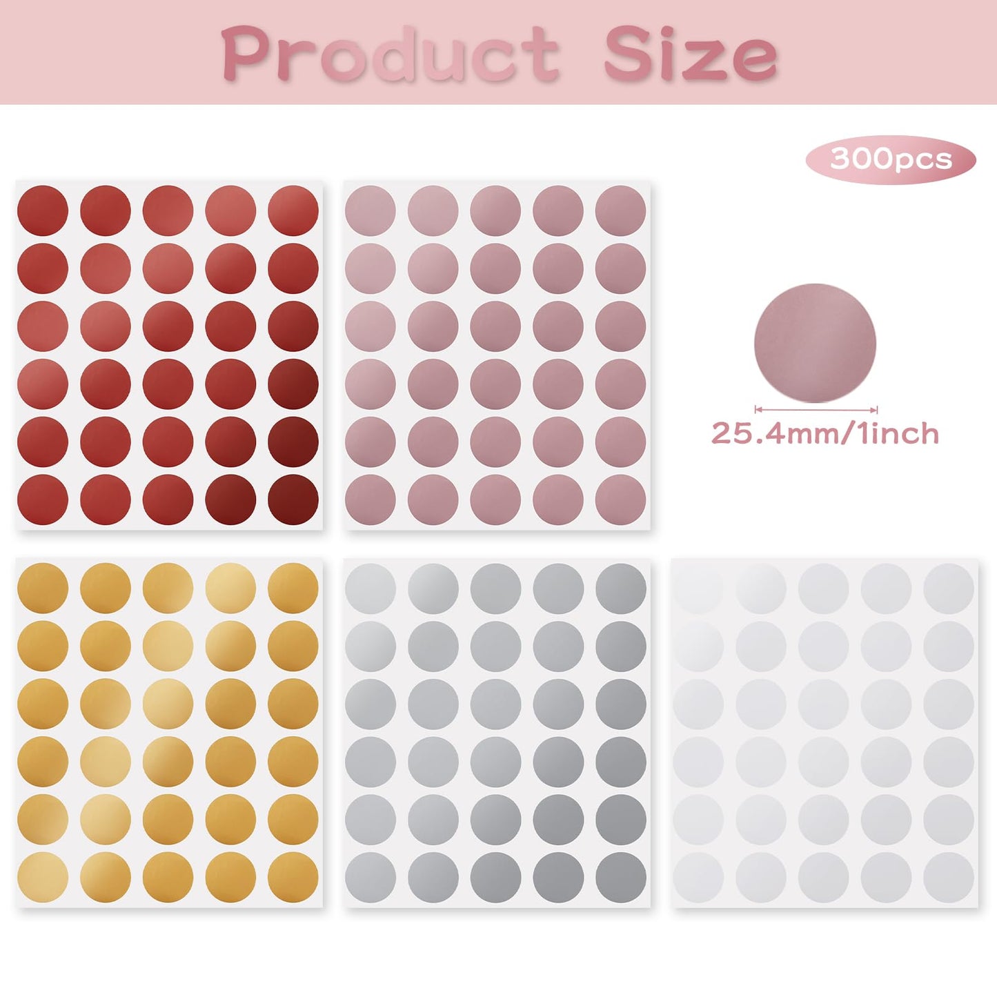 300 Pcs 1" Scratch Labels, 5 Colors Round Circle Scratch Stickers Self Adhesive Scratch Off Cards for School Game Lottery Tickets DIY Raffle Ticket DIY Postcard(Gold+Silver+Rose Gold+Gray+Red)