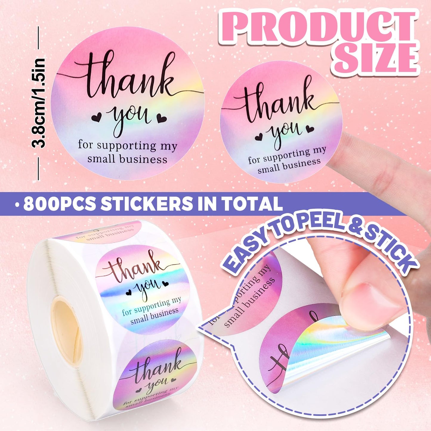 800Pcs Thank You Stickers 1.5 inch Holographic Thank You for Supporting My Small Business Stickers Pink Round Seal Sticker Iridescent Waterproof Self-Adhesive Laser Label Decals for Packaging