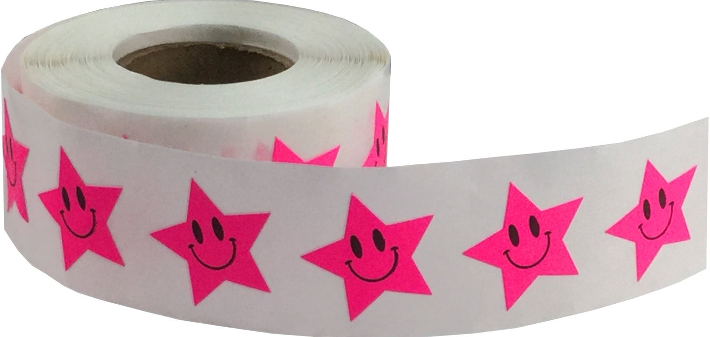 Fluorescent Pink Happy Face Star Shape Stickers 0.75 Inch 500 Adhesive Labels