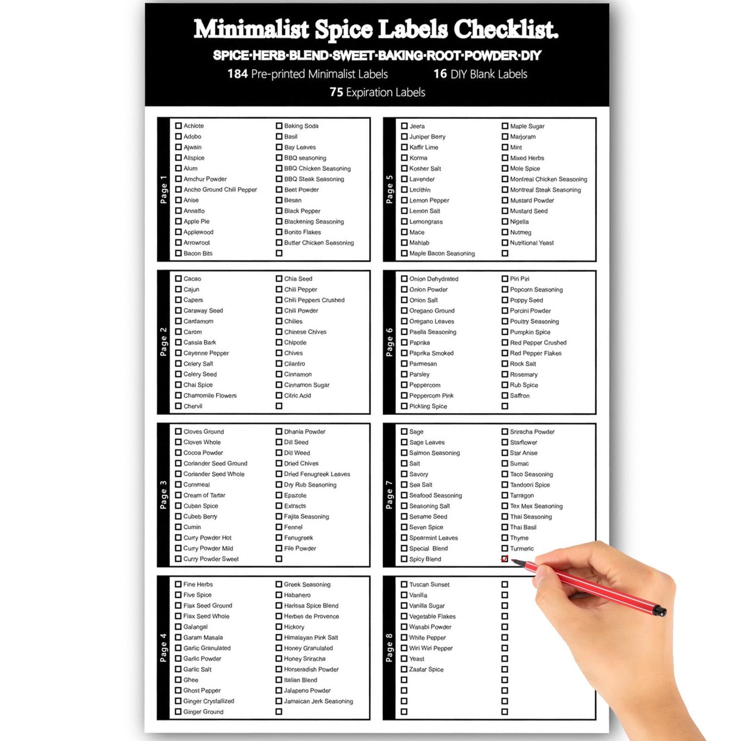 278 Pcs Spice Labels for Jars, All-Purpose Labels, Waterproof and Durable Label, Spice Pantry Names Preprinted,184 Most Common Spice Names + 16 Blank Labels + 75 Expiration Date