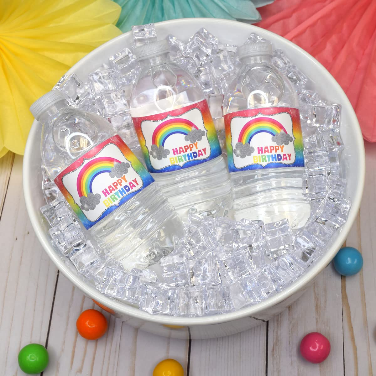 Rainbow Sparkle Themed Birthday Party Waterproof Water Bottle Sticker Wrappers, 20 1.75" x 8.5" Wrap Around Labels by AmandaCreation