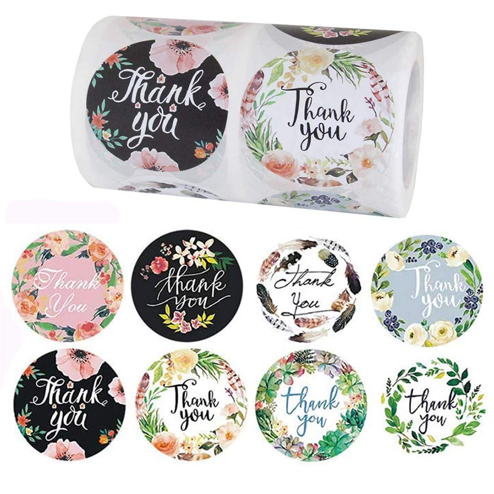 2" Thank You Stickers Roll, 8 Designs 50 mm Round Big Packaging Stickers, 500 Pcs Thank You Labels for Business Merchandise Bags, Packaging Boxes, Gifts, Envelopes and Receipts