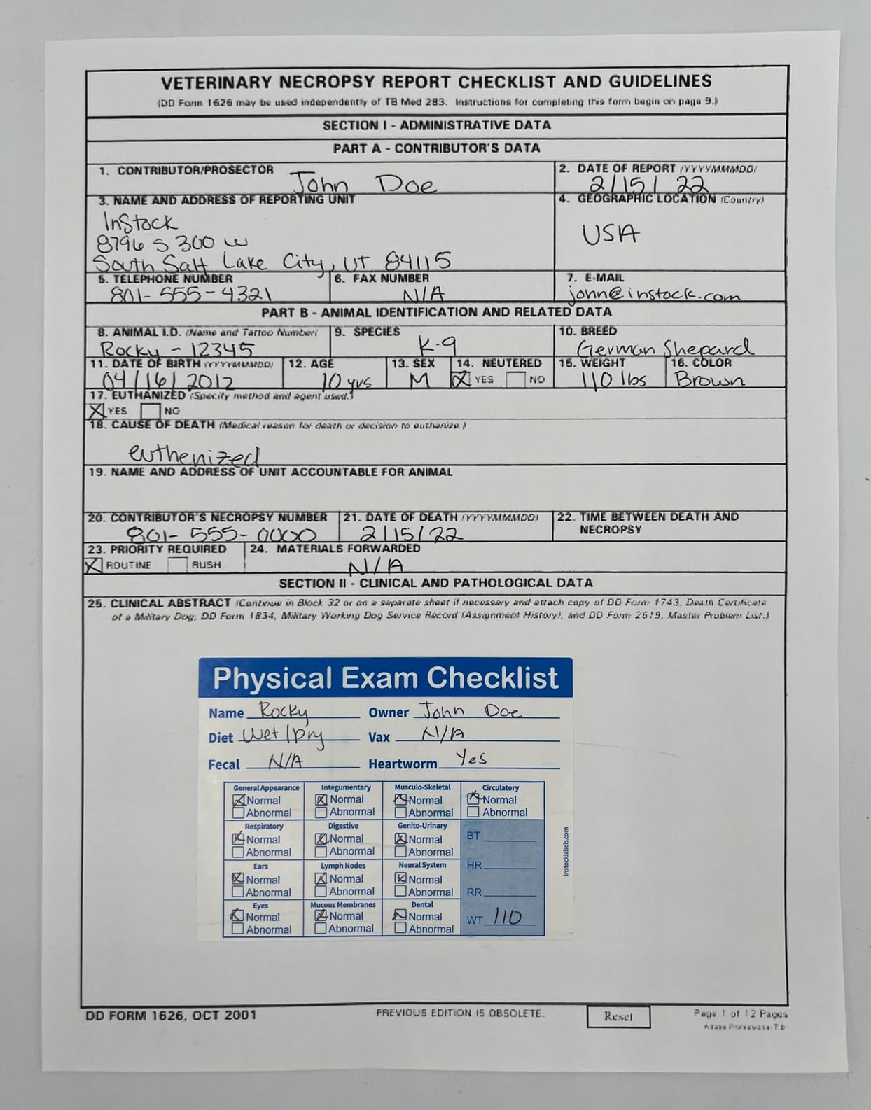 Physical Exam Checklist Veterinary Labels 3 x 4 Inch 100 Total Stickers