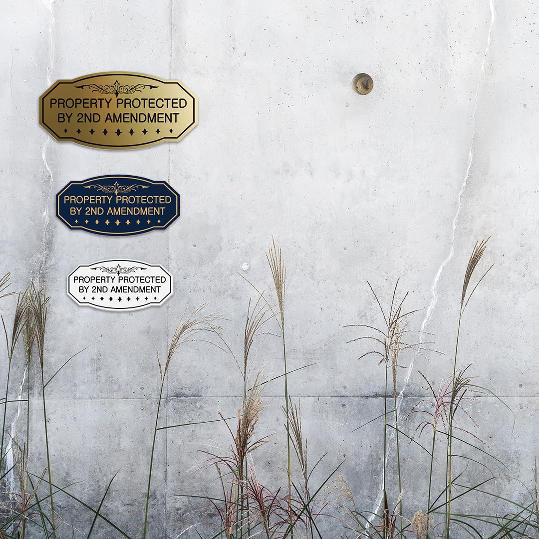 Victorian Property Protected By 2nd Amendment Sign - Easy Installation | Durable Wall or Door (Black Gold) - Large (2 Pack) 5 x 10" - Large (2 Pack) Black Gold