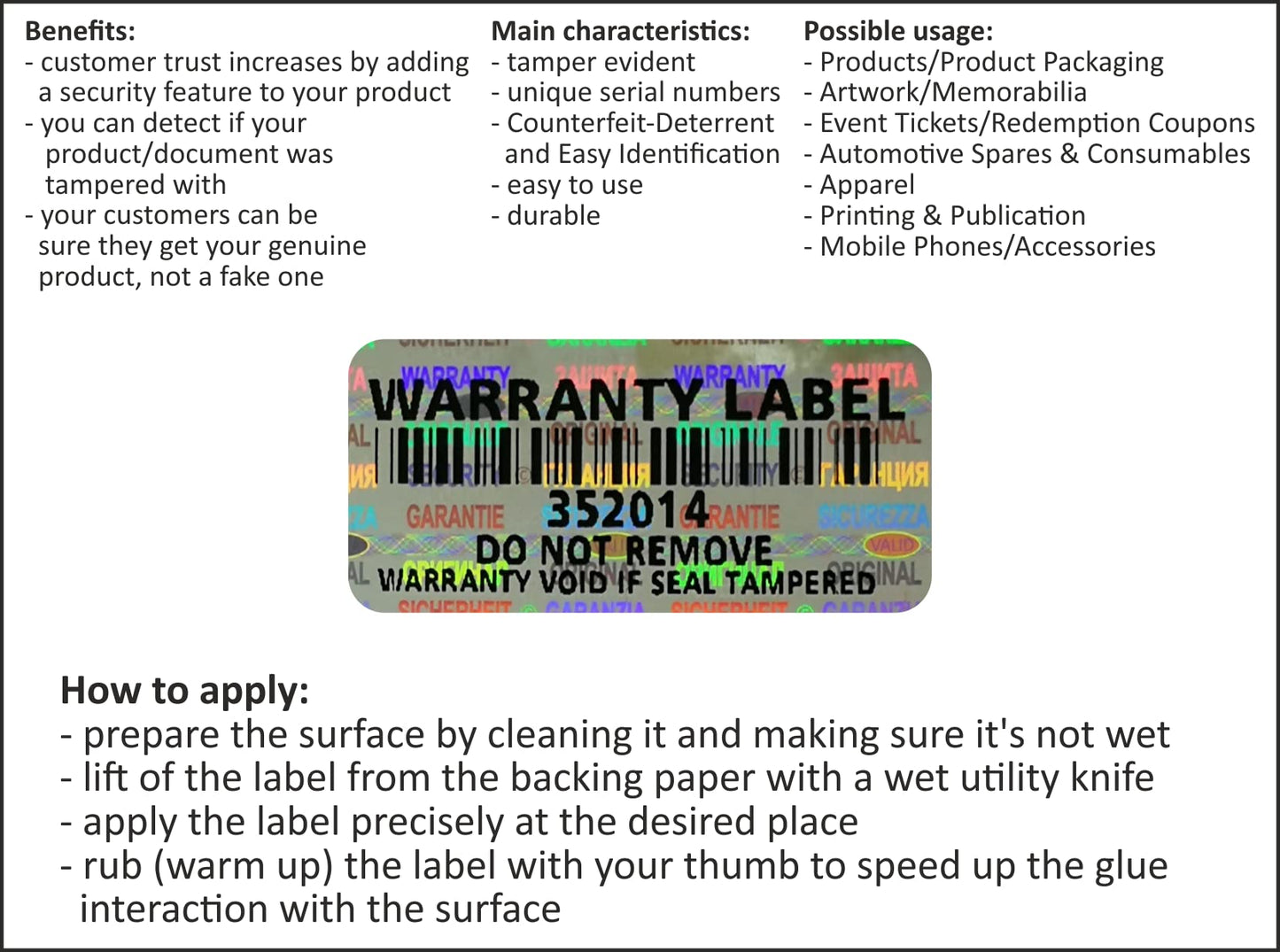 1000 pcs Warranty Seals 1.25 x .59 Inch Security Hologram Stickers, Void Tamper evident Labels