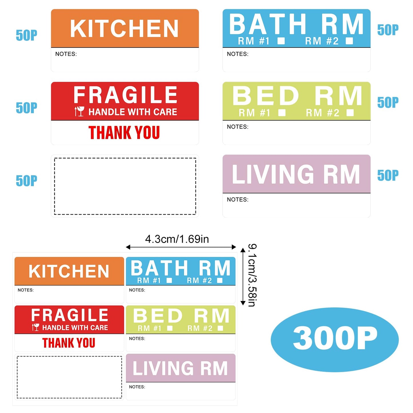 300 pcs Home Moving Labels,5 Pre-Printed Color-Coded Coding Labels with Writable Notes Areas Packing Box Stickers for Boxes with 50 Fragile Stickers & 50 Blank Ones (Each Measures1.7 x 3.6in) 2 x 3 in