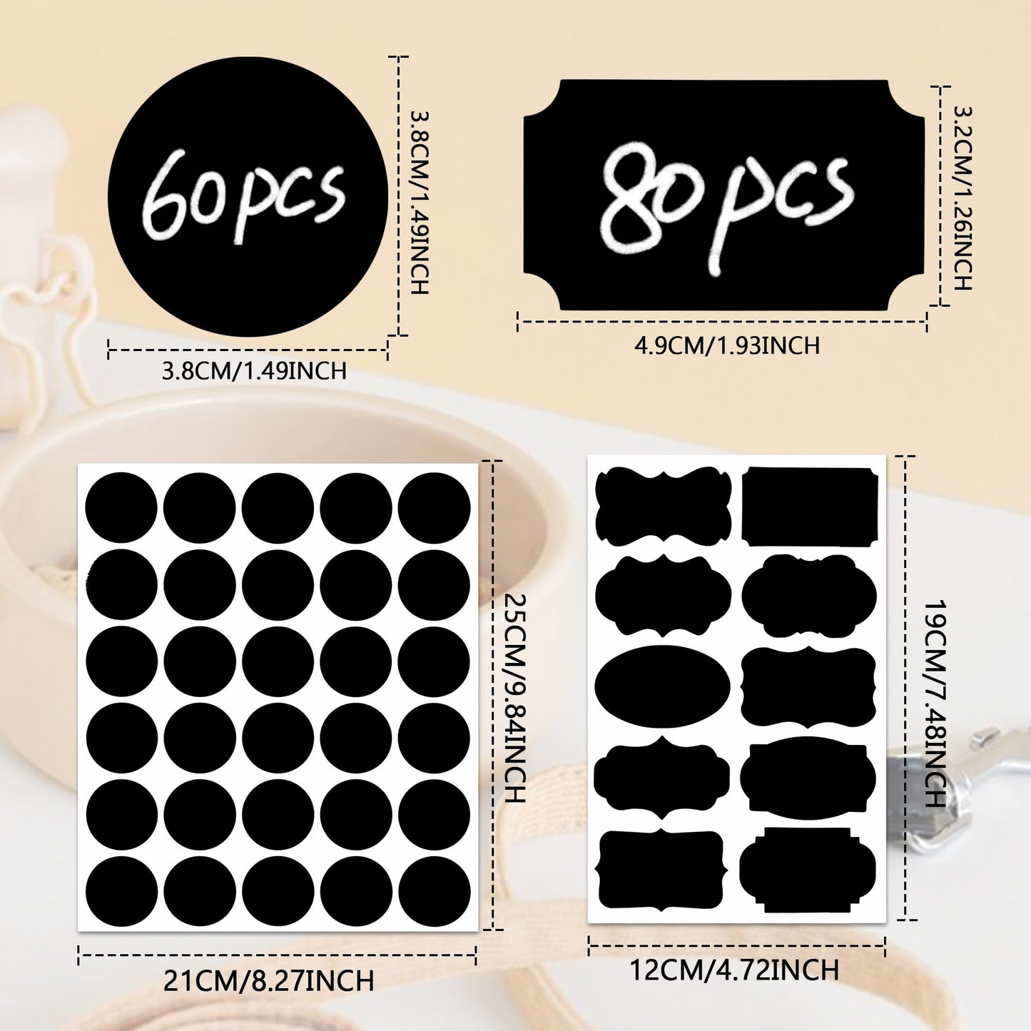 256 Kitchen Blank Chalkboard Labels for Jars Bottles Containers, Waterproof Reusable Removable Different Size Black Labels Stickers for Home Kitchen Pantry Food Spice Storage, Office (Black)