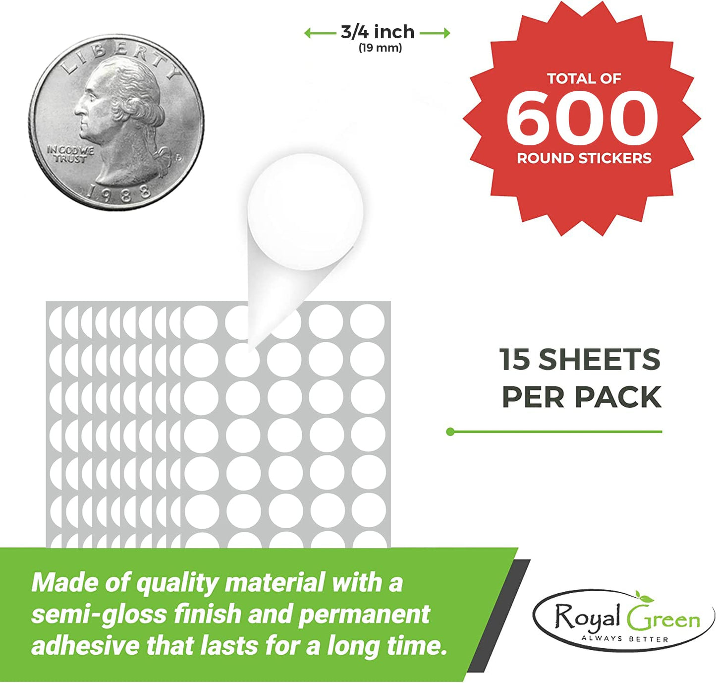 Round Sticker Dots for Inventory and Labeling 19mm 3/4 inch - White - 600 Pack